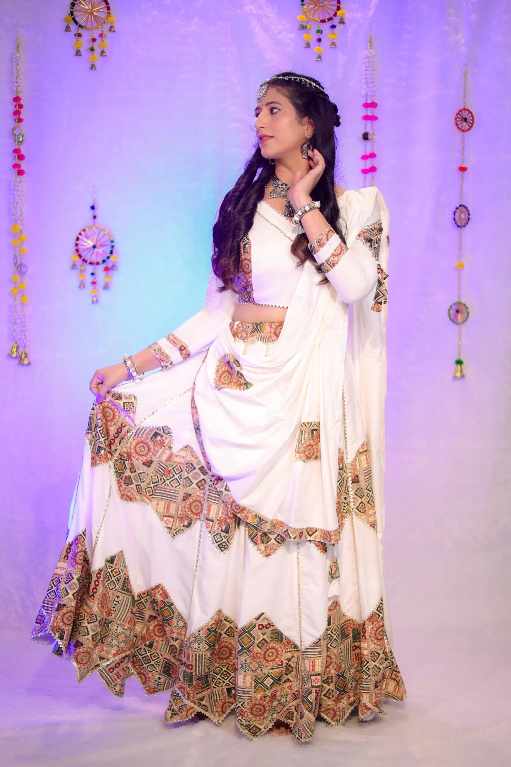 White Traditional Embroidered Ghagra Choli with Dupatta - Image 5