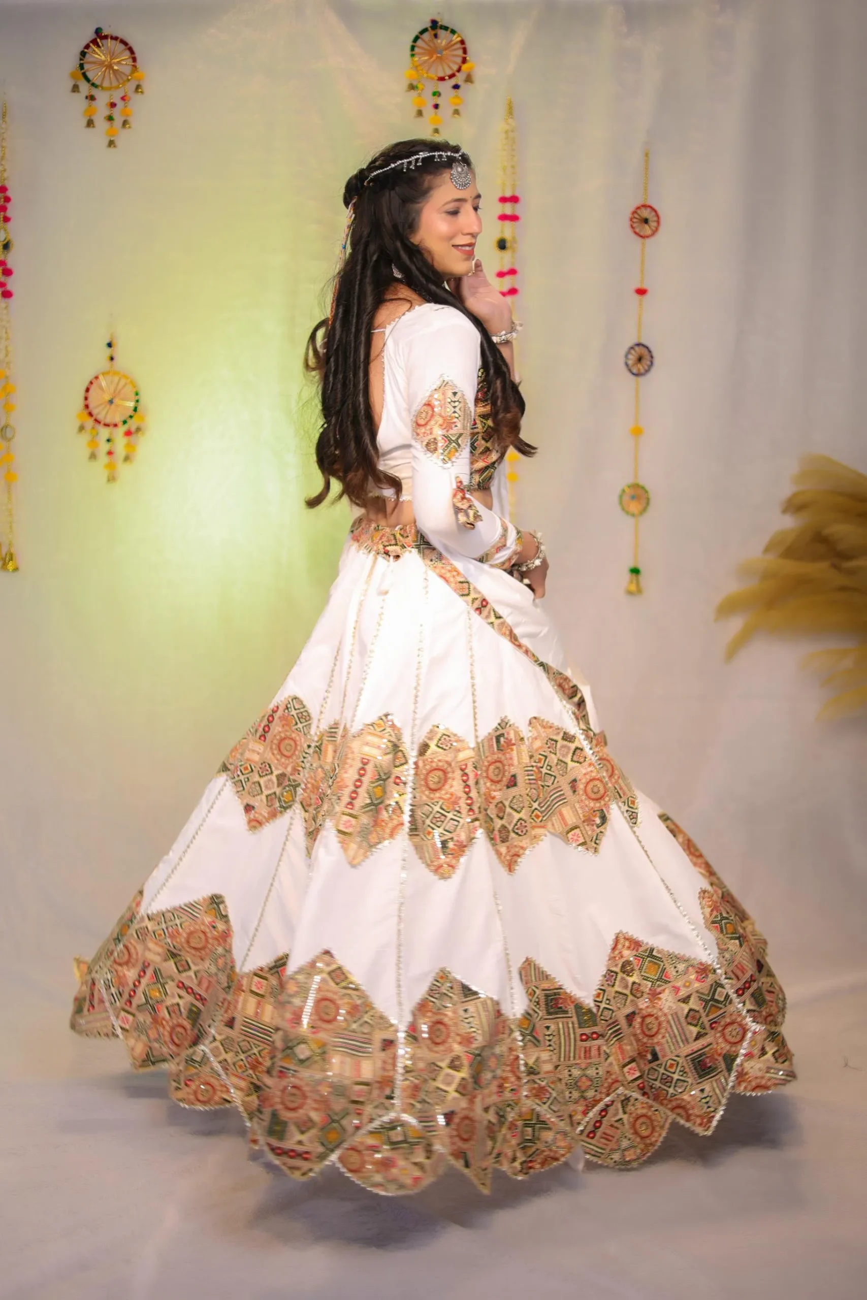 White Traditional Embroidered Ghagra Choli with Dupatta - Image 2