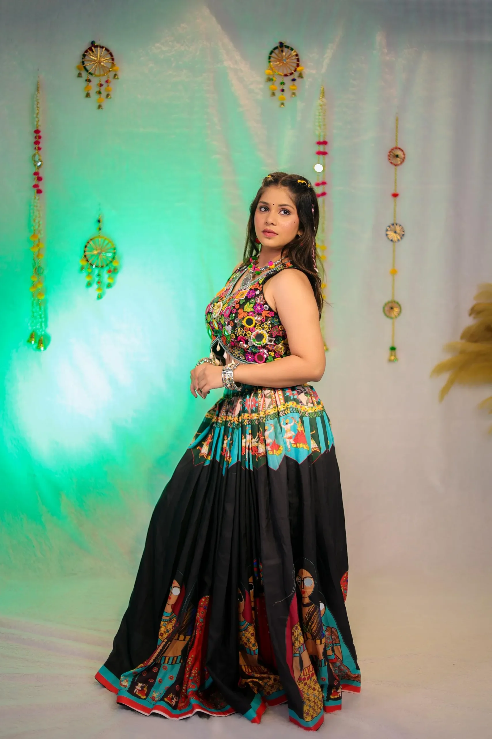 Traditional Handpainted Navratri Lehenga Choli – Multicolour Mirror Work - Image 4
