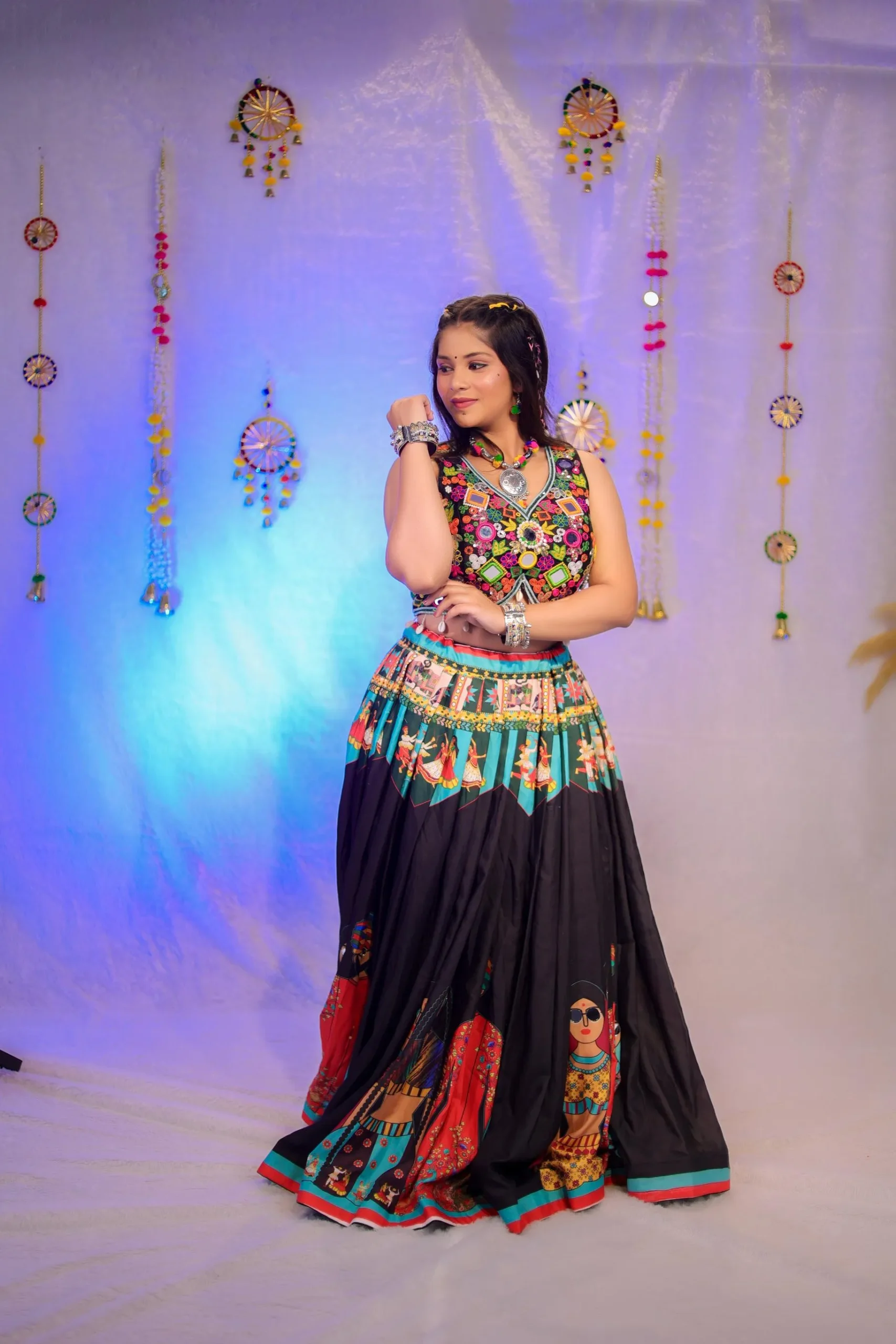 Traditional Handpainted Navratri Lehenga Choli – Multicolour Mirror Work - Image 3