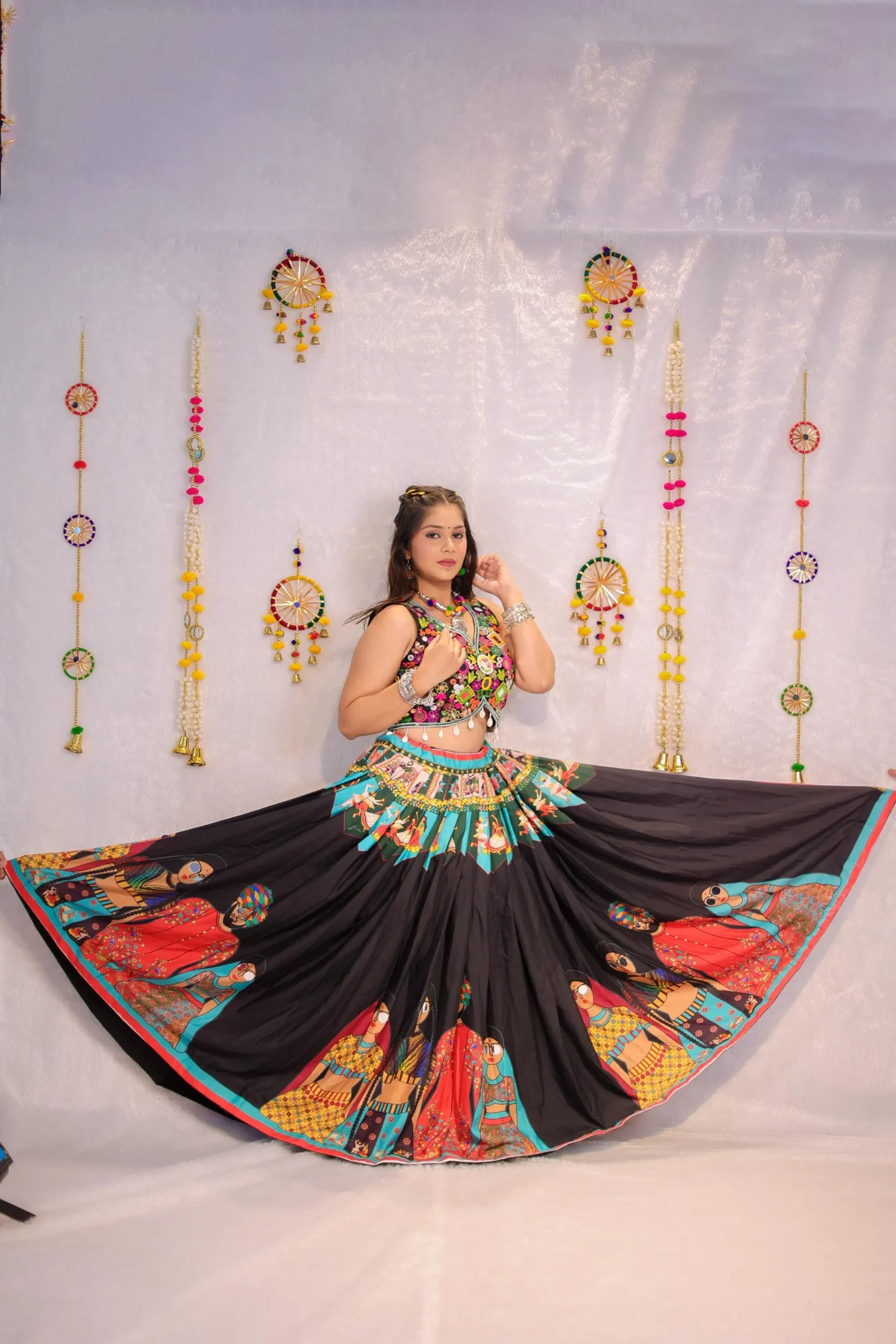 Traditional Handpainted Navratri Lehenga Choli – Multicolour Mirror Work - Image 2