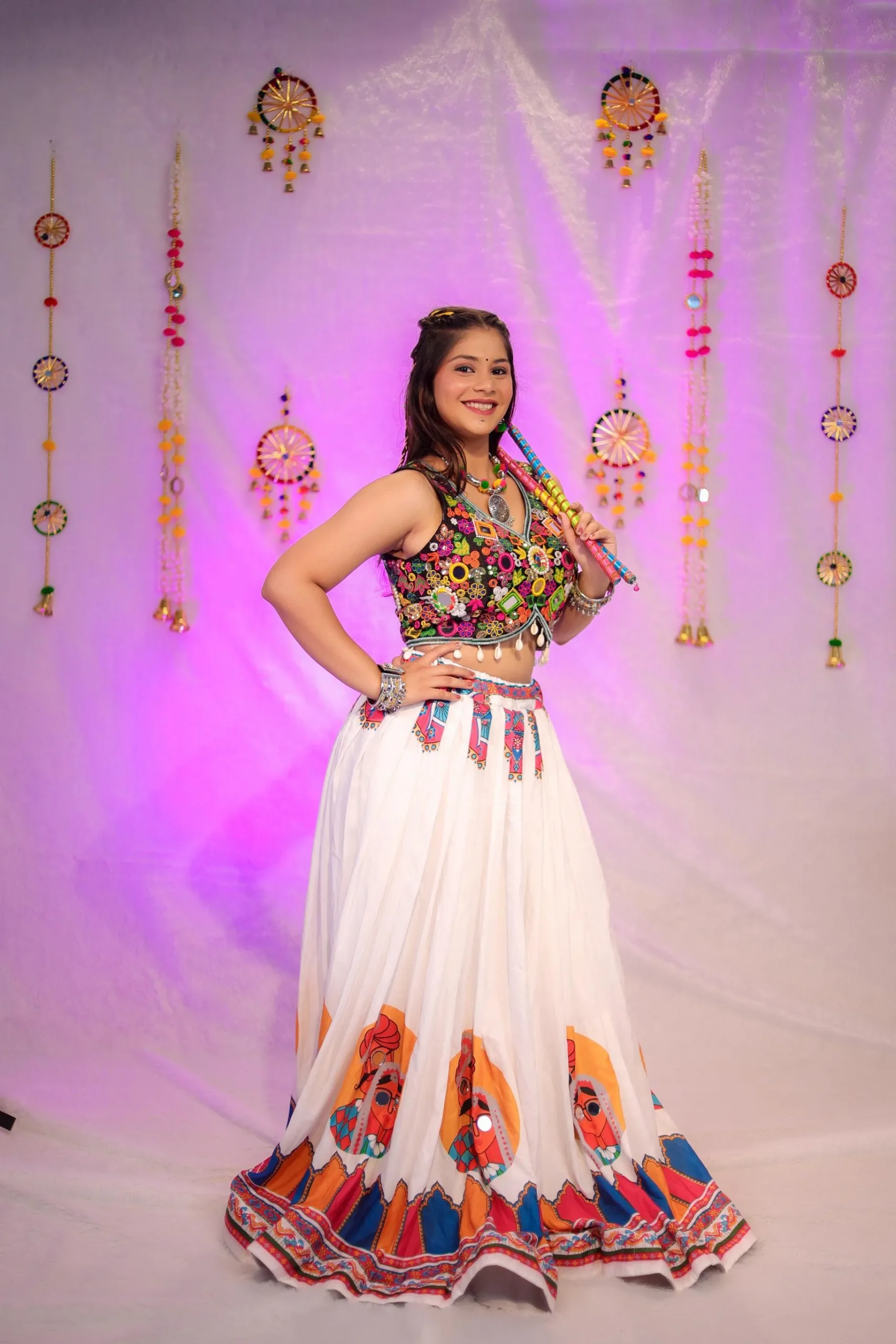 White Garba Lehenga with Multicolour Mirror Work Choli - Image 3