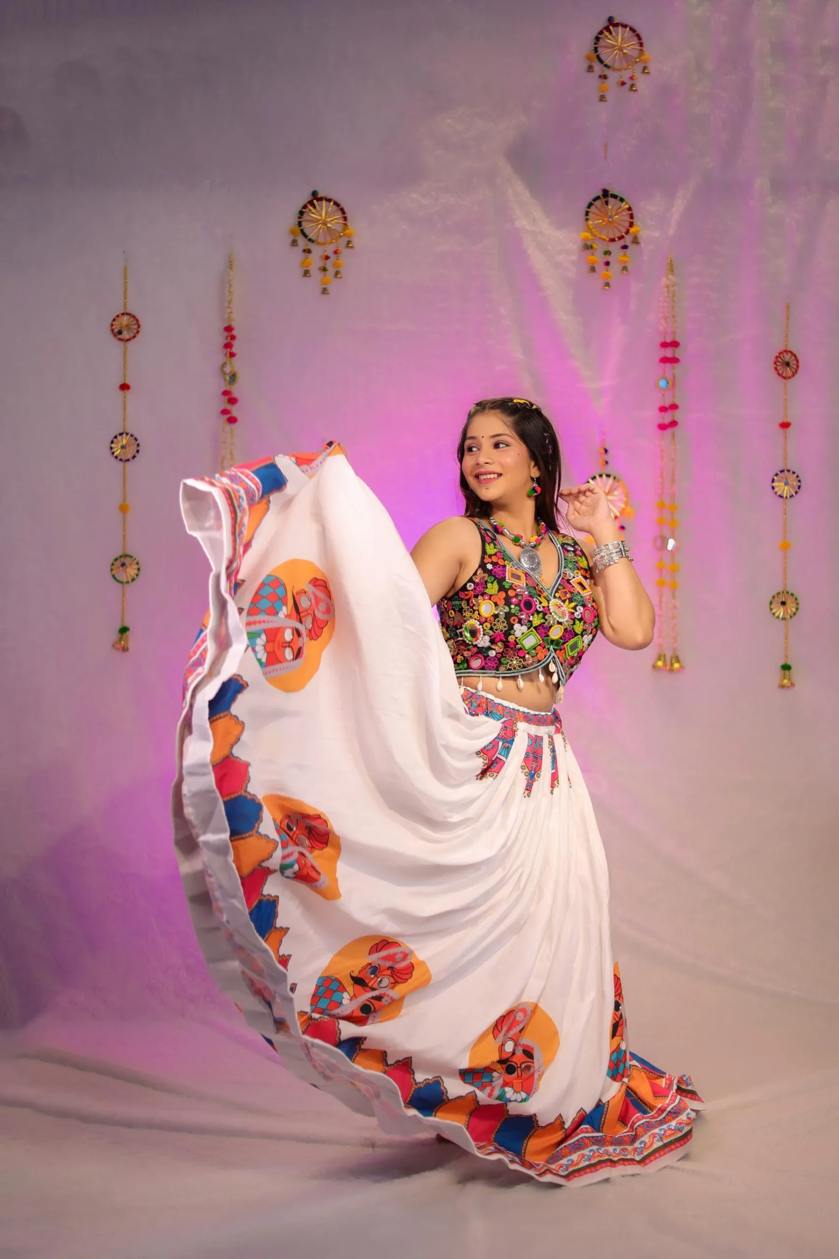 White Garba Lehenga with Multicolour Mirror Work Choli - Image 4