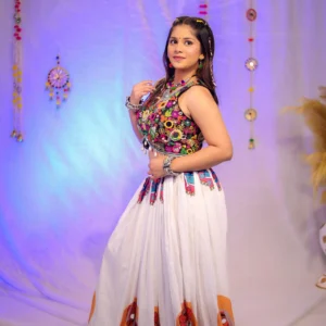White Garba Lehenga with Multicolour Mirror Work Choli