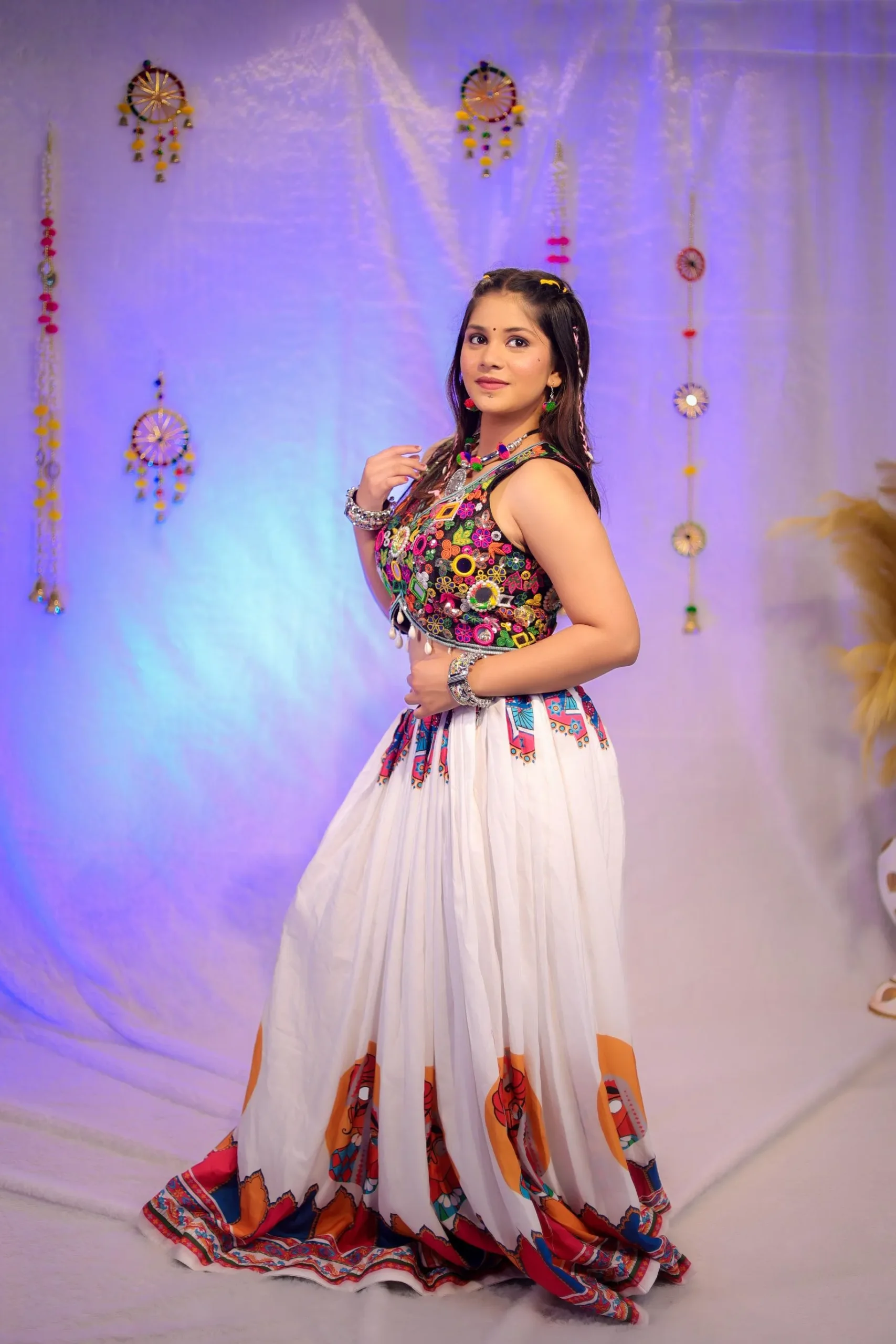 White Garba Lehenga with Multicolour Mirror Work Choli