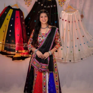Multicolor Mirror Work Garba Lehenga Choli with Black Dupatta – Navratri Special
