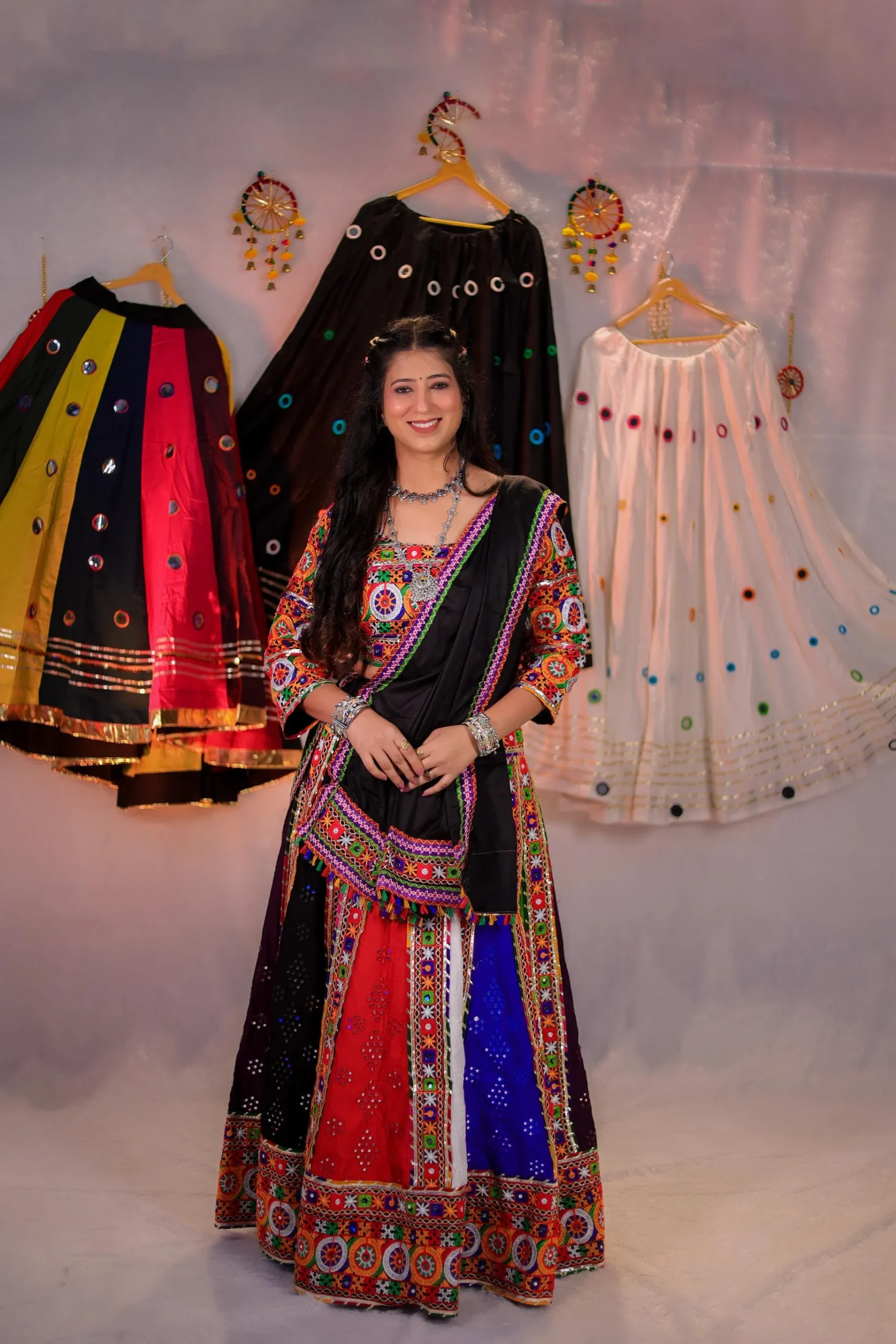 Multicolor Mirror Work Garba Lehenga Choli with Black Dupatta – Navratri Special