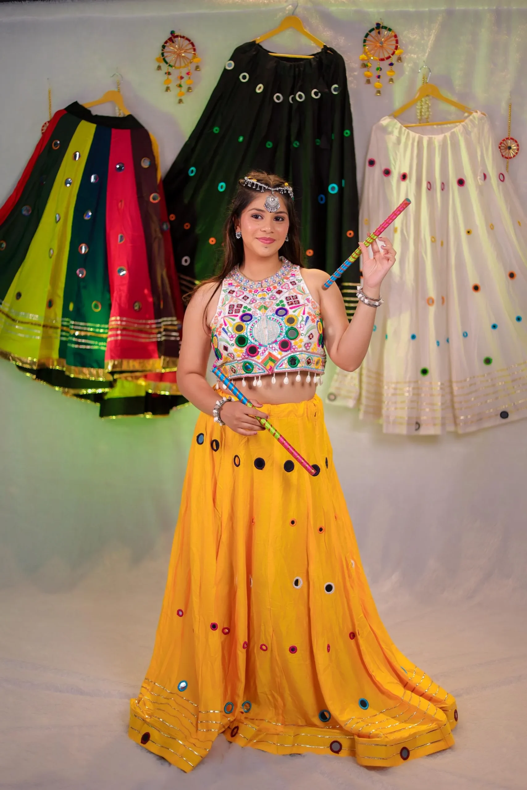 Yellow Mirror Work Navratri Lehenga Choli with Multicolor Embroidered Blouse – Dandiya Special - Image 4