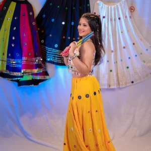 Yellow Mirror Work Navratri Lehenga Choli with Multicolor Embroidered Blouse – Dandiya Special