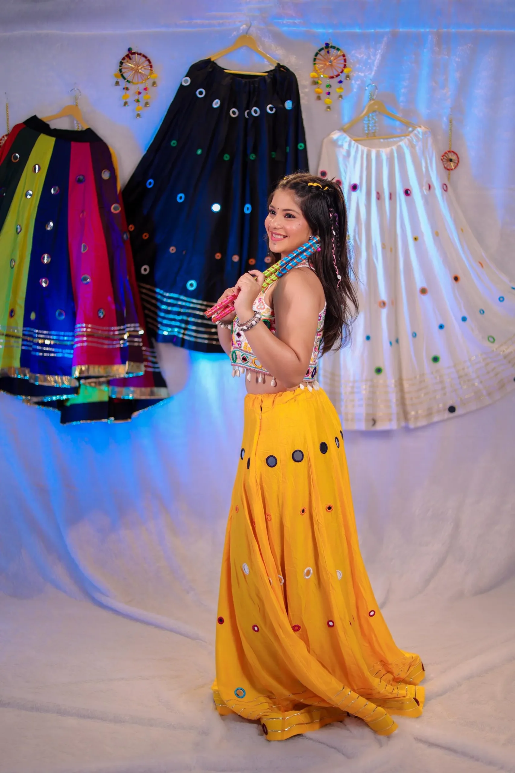 Yellow Mirror Work Navratri Lehenga Choli with Multicolor Embroidered Blouse – Dandiya Special