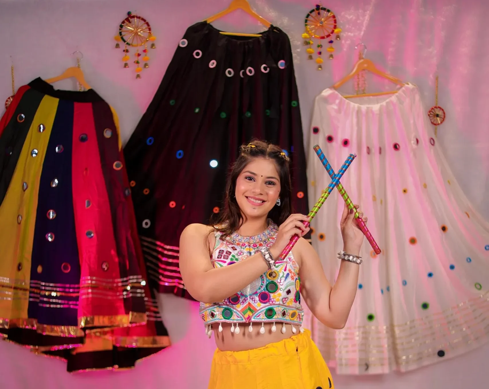 Yellow Mirror Work Navratri Lehenga Choli with Multicolor Embroidered Blouse – Dandiya Special - Image 2