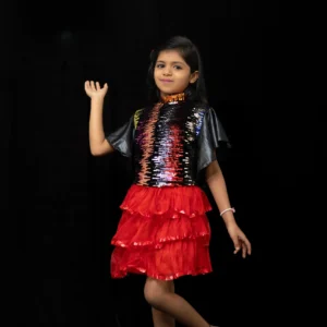 Black Sequin Top with Layered Red Skirt