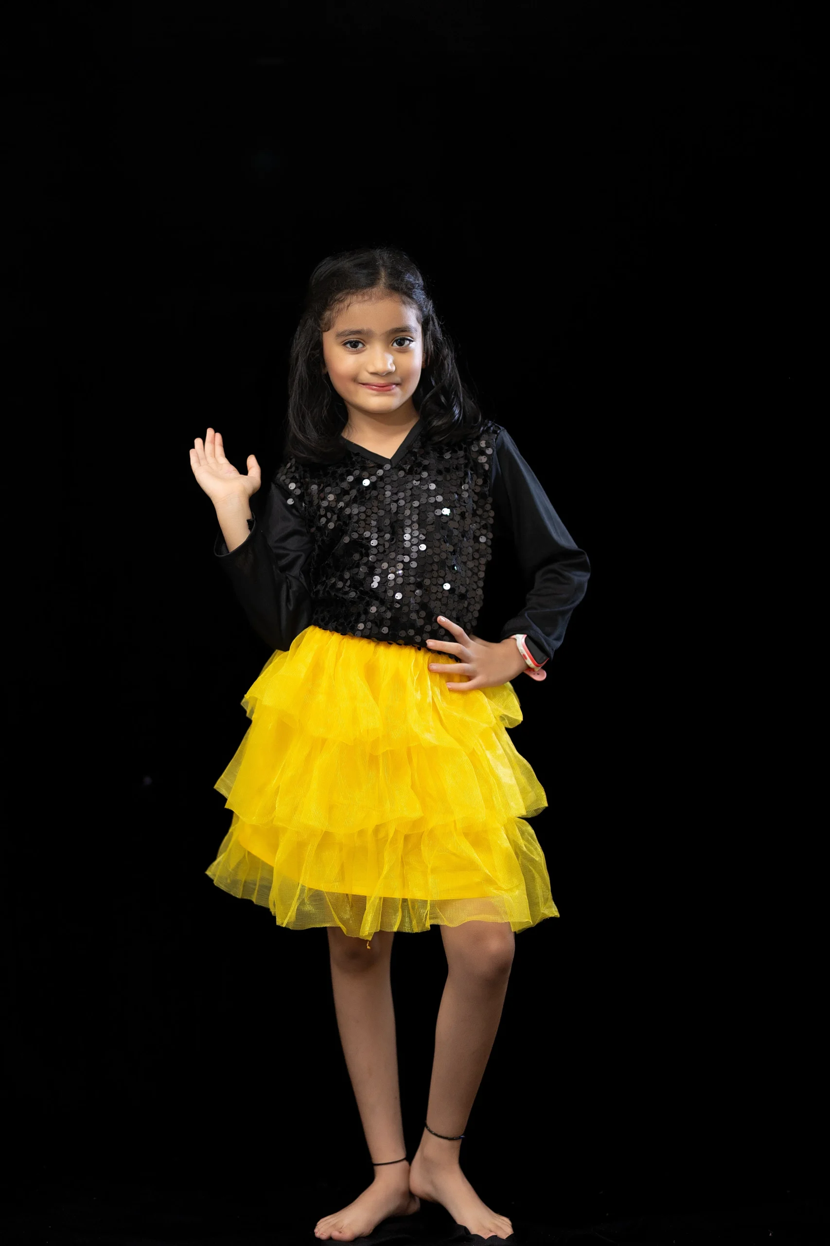 Black Sequin Top with Yellow Net Frill Skirt - Image 4
