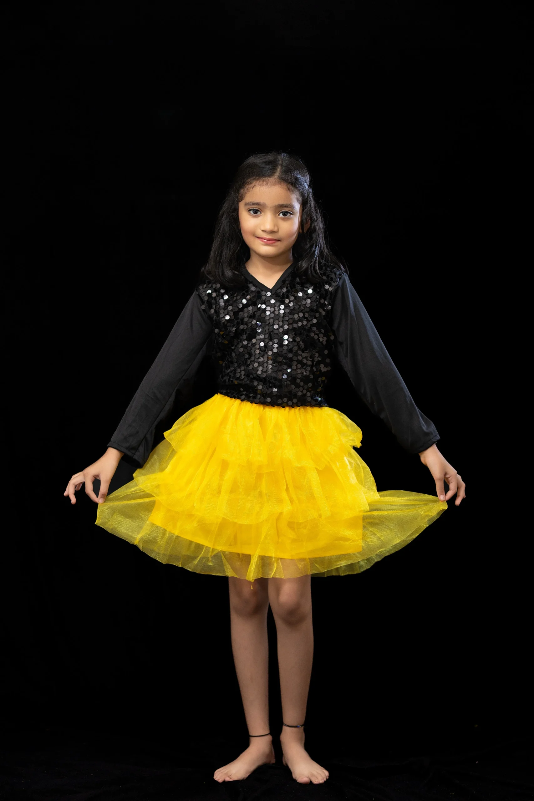 Black Sequin Top with Yellow Net Frill Skirt - Image 2