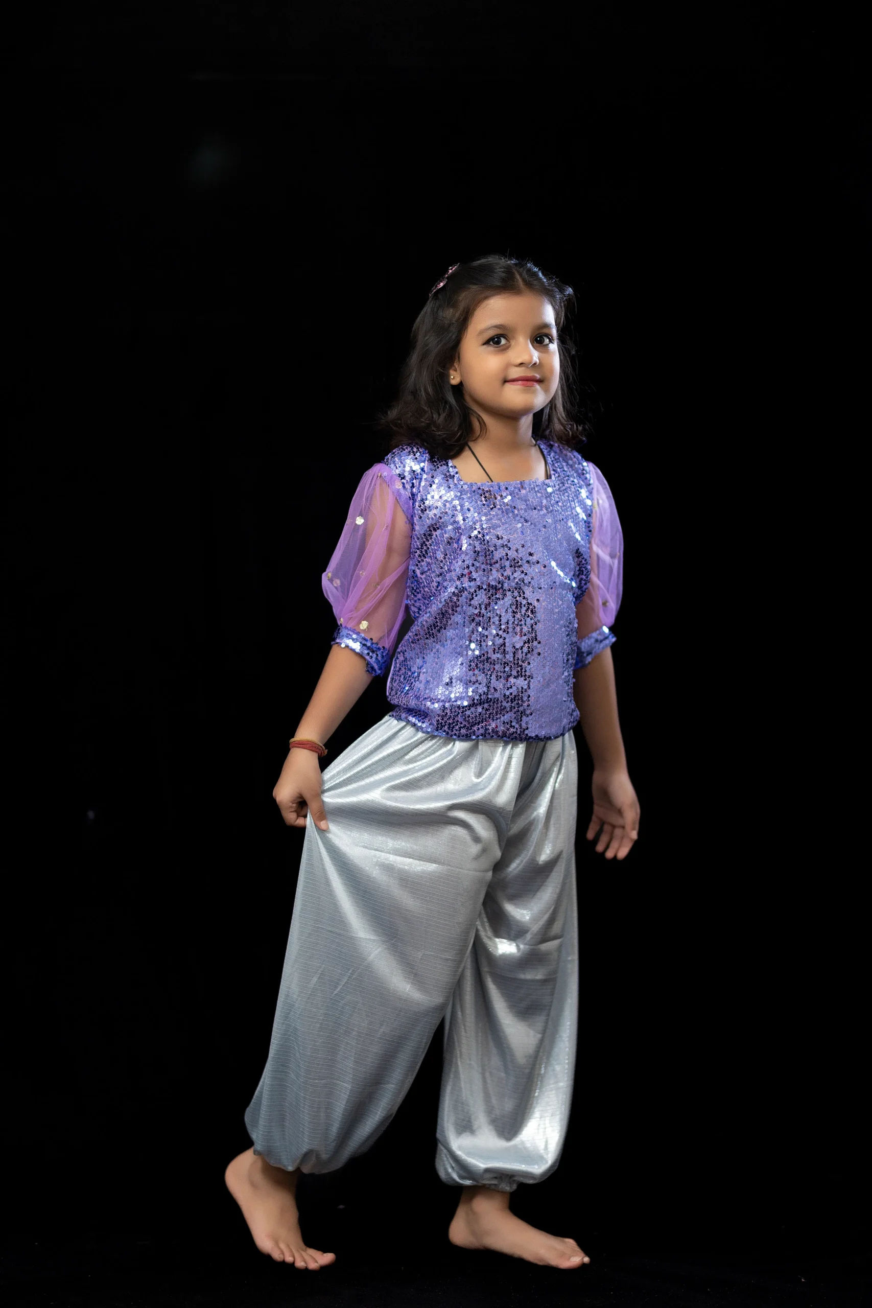 Purple Sequin Top with Silver Harem Pants - Image 5