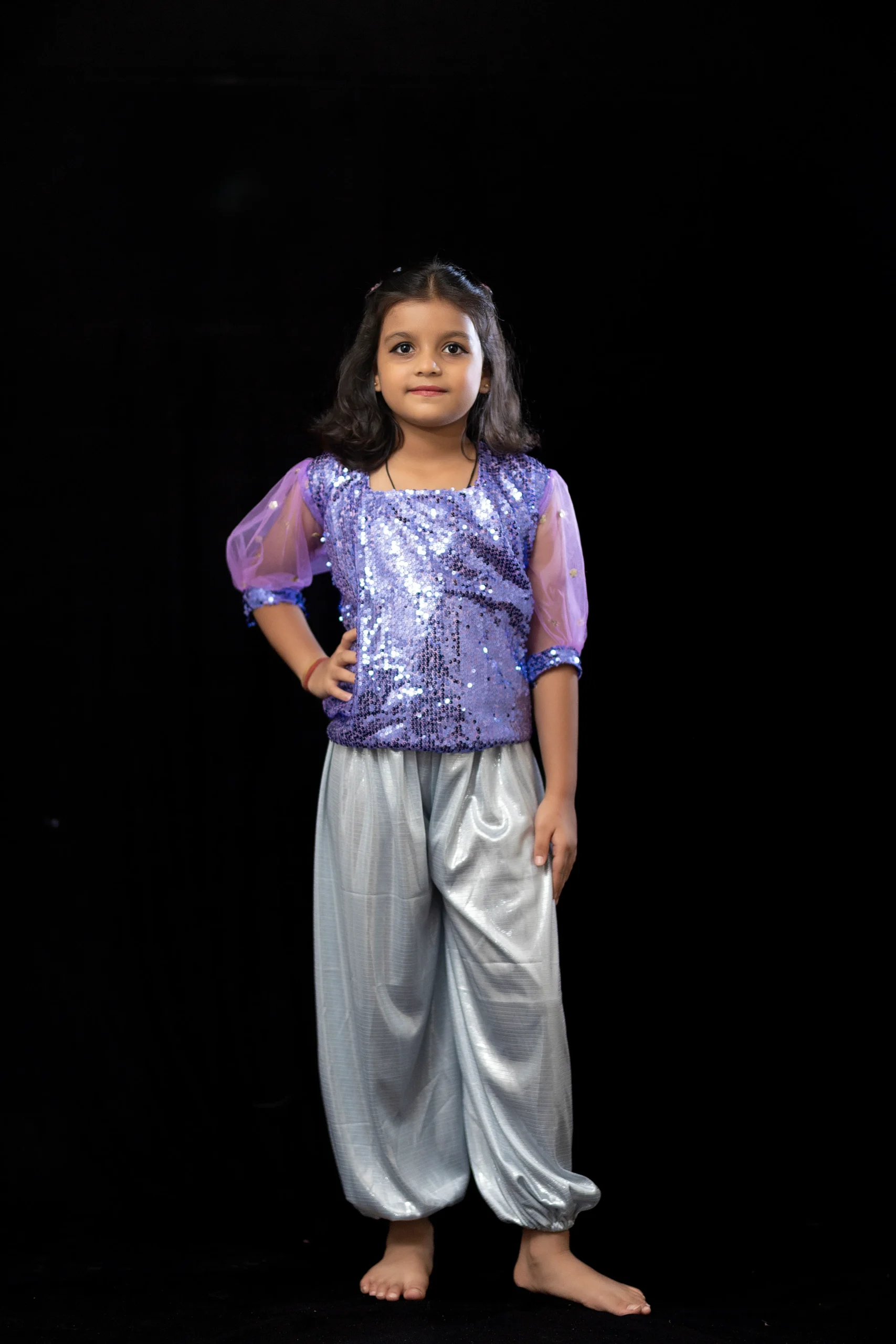 Purple Sequin Top with Silver Harem Pants