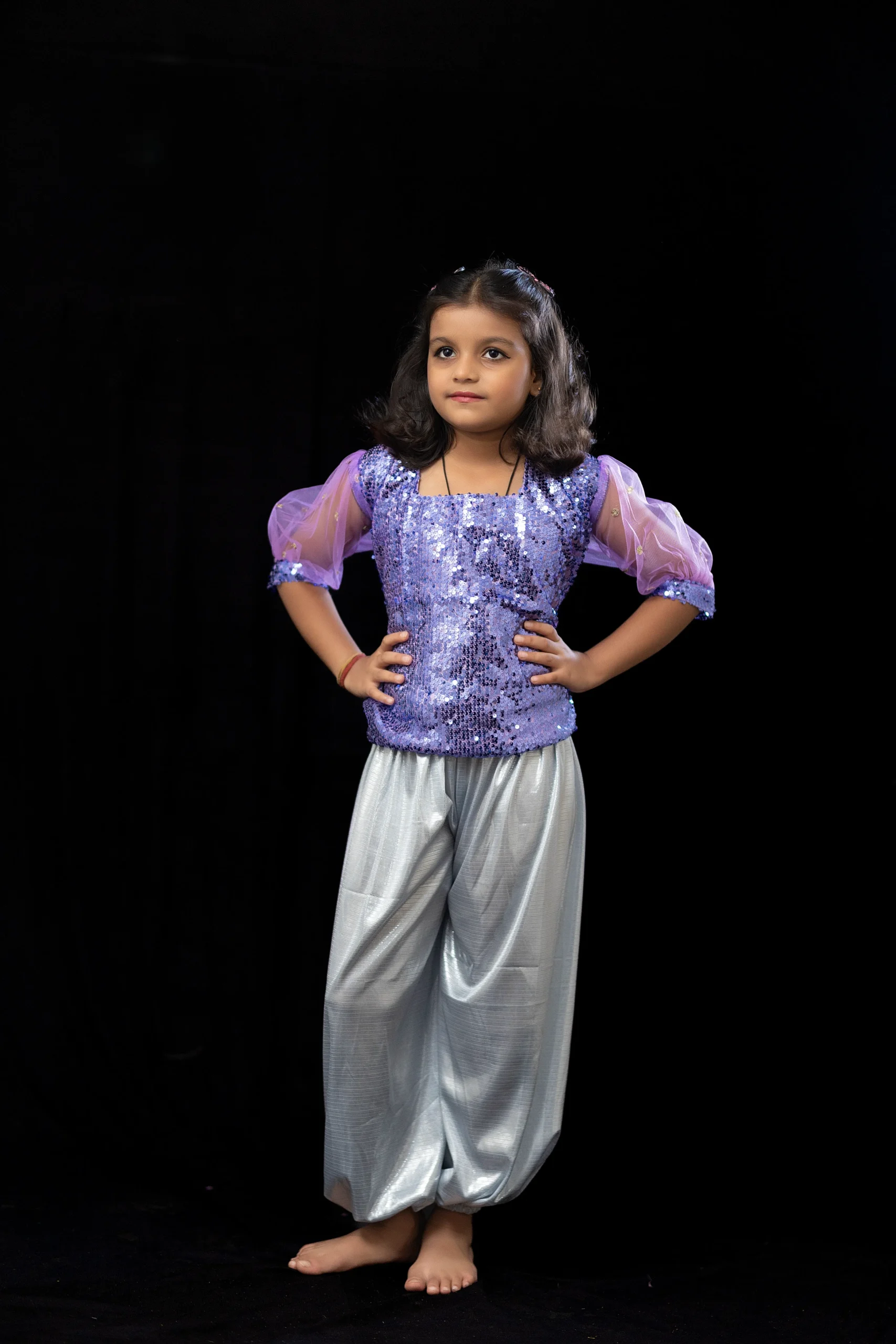 Purple Sequin Top with Silver Harem Pants - Image 2
