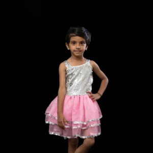 Pink Net & Silver Sequin Sleeveless Dance Frock for Girls