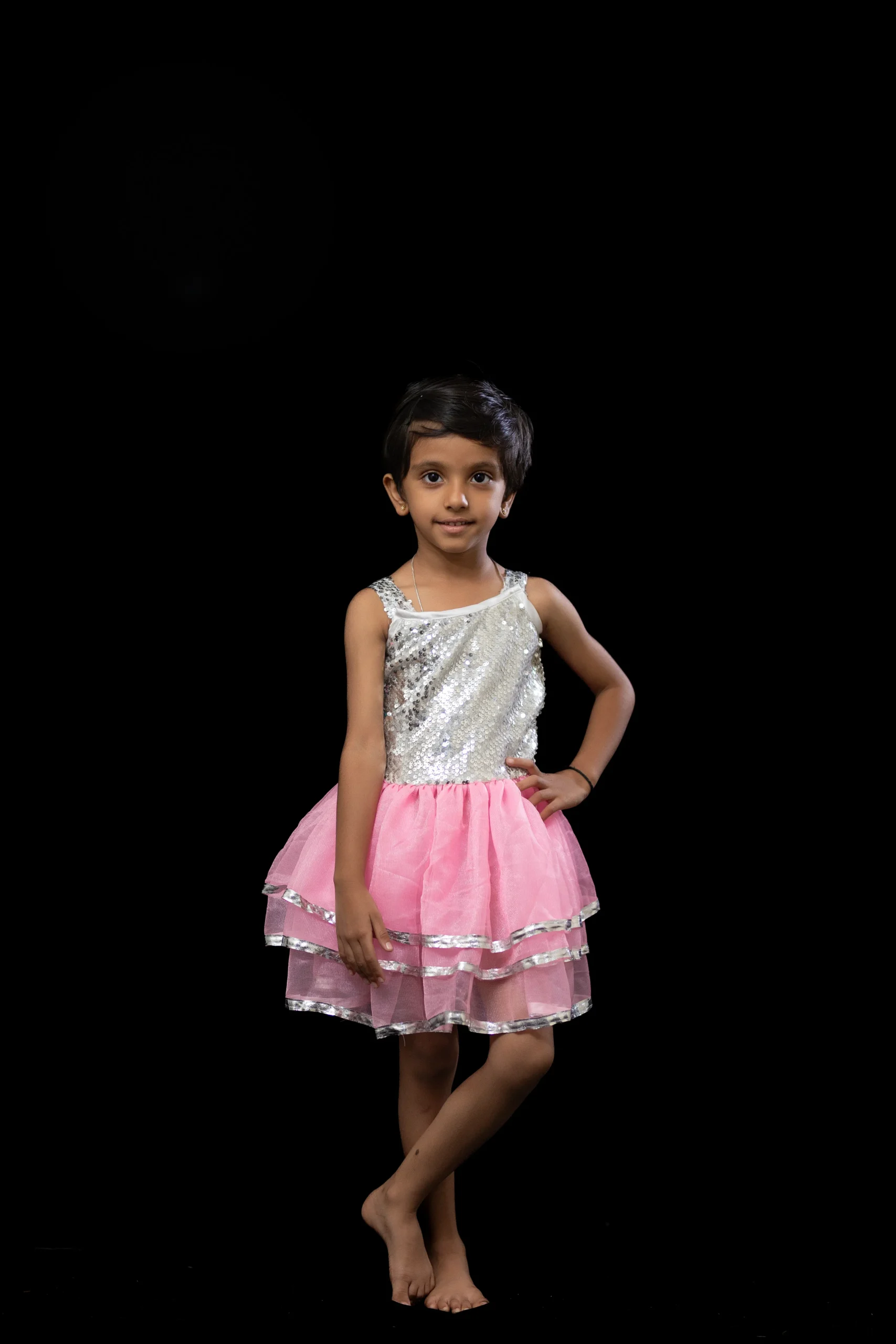 Pink Net & Silver Sequin Sleeveless Dance Frock for Girls