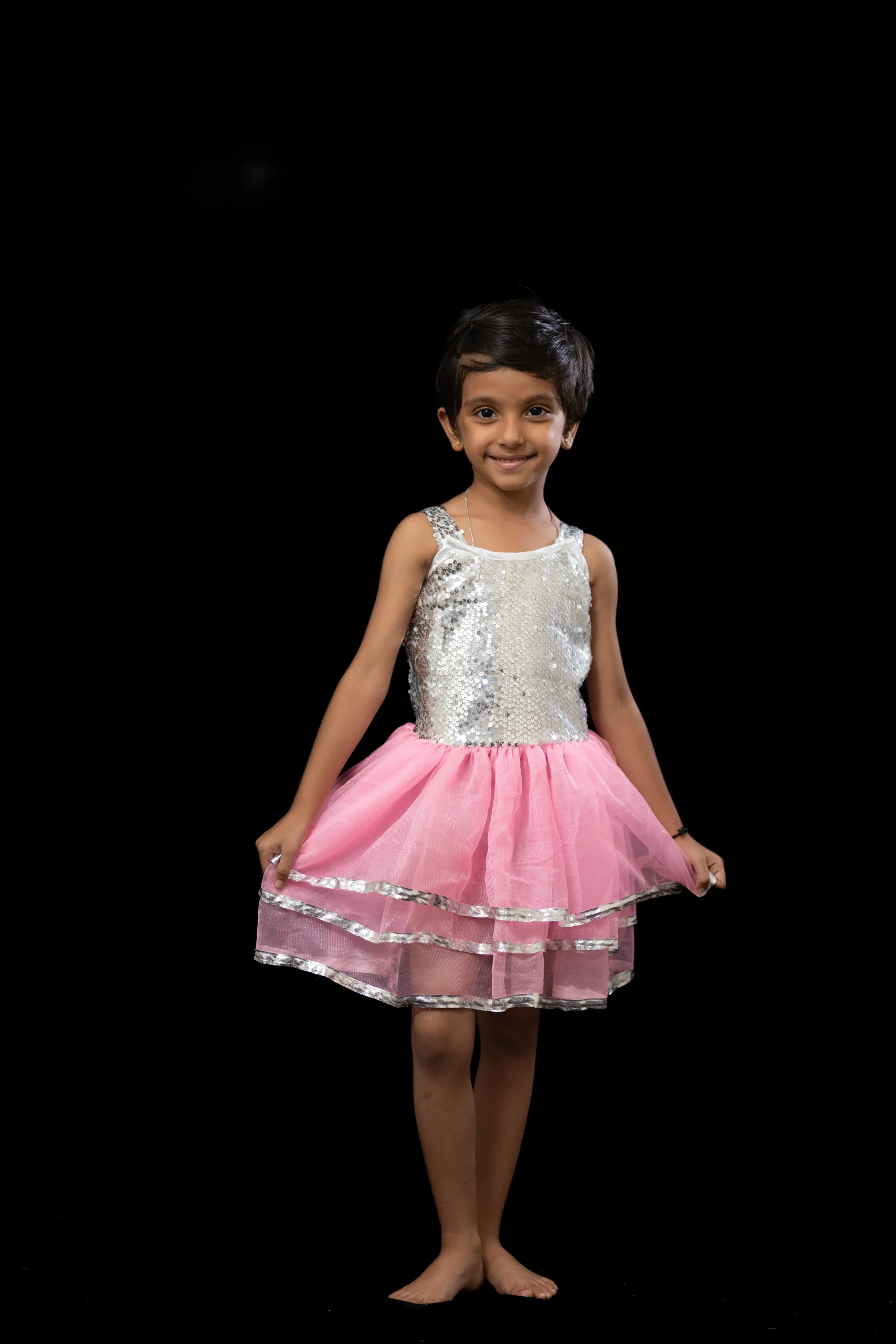Pink Net & Silver Sequin Sleeveless Dance Frock for Girls - Image 4