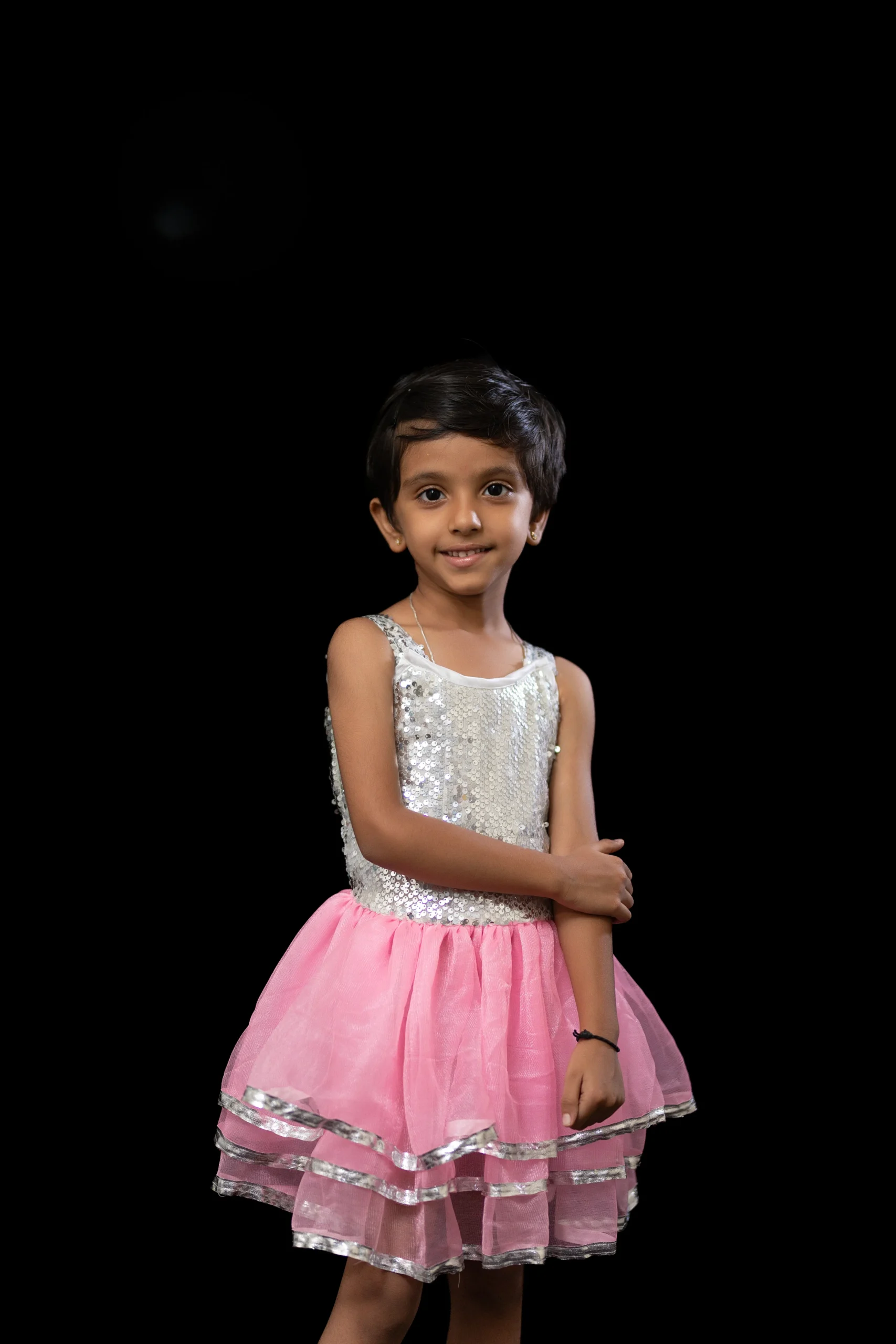 Pink Net & Silver Sequin Sleeveless Dance Frock for Girls - Image 3