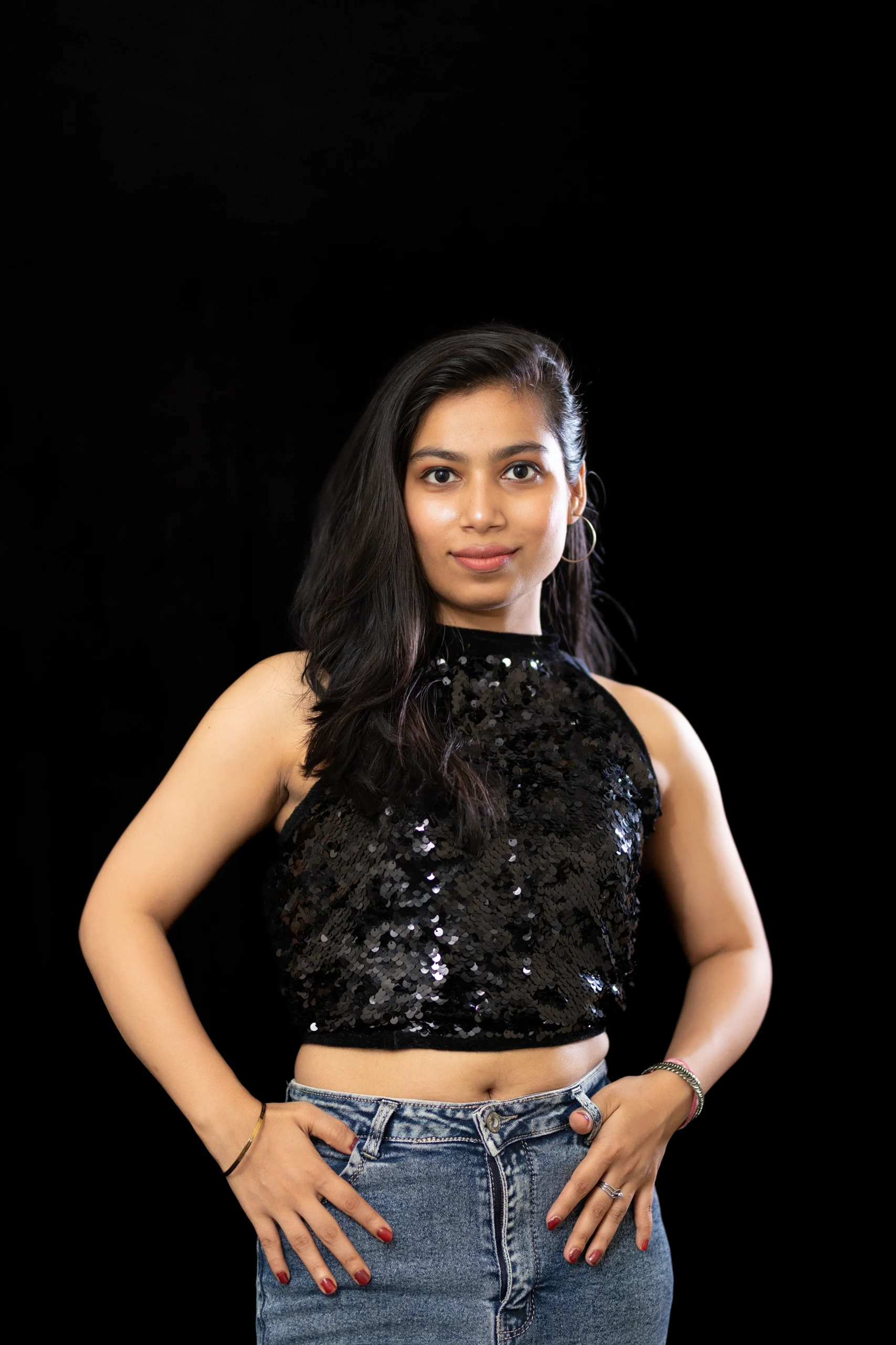Black Sequin Sleeveless Crop Top for Women