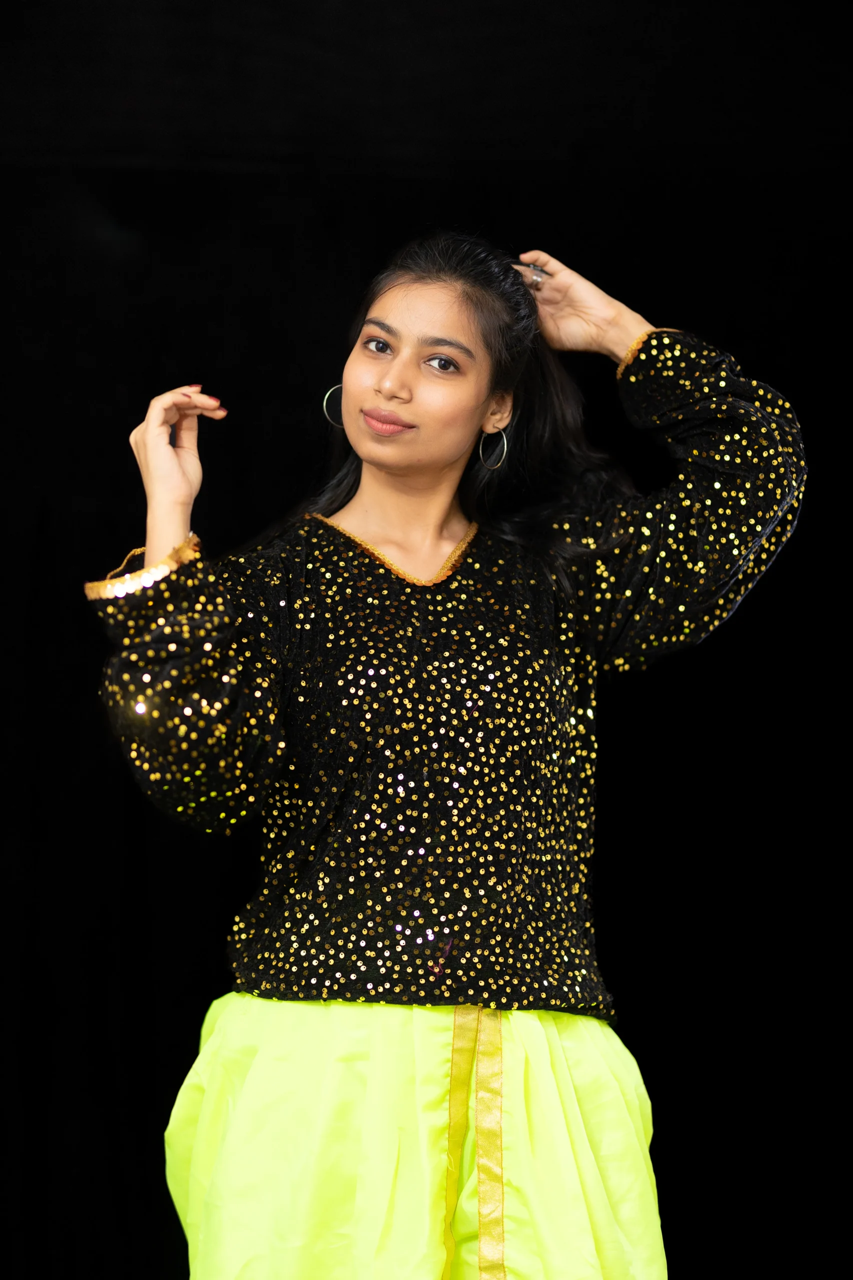 Black Sequin Top with Neon Green Dhoti – Dance Costume