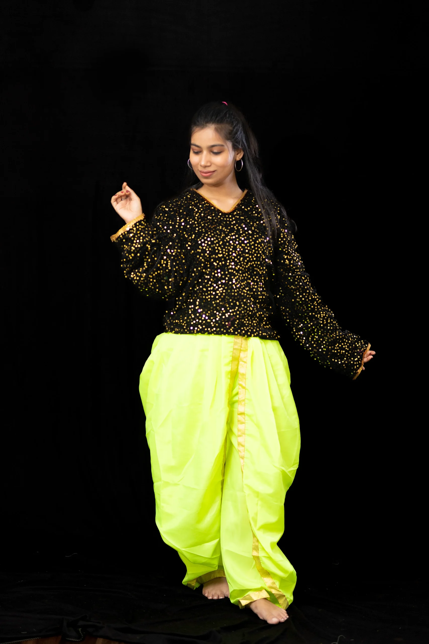 Black Sequin Top with Neon Green Dhoti – Dance Costume - Image 7