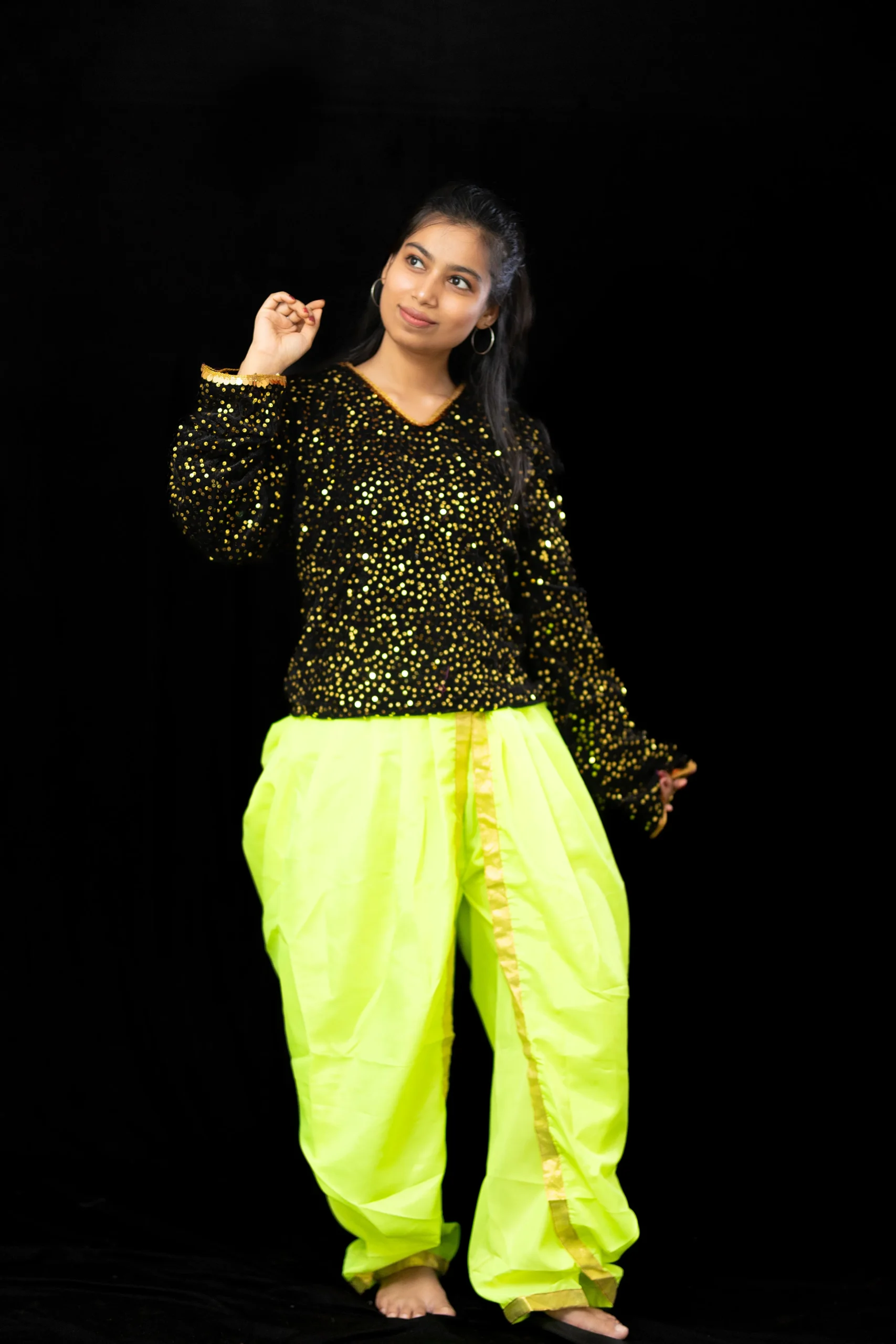Black Sequin Top with Neon Green Dhoti – Dance Costume - Image 6