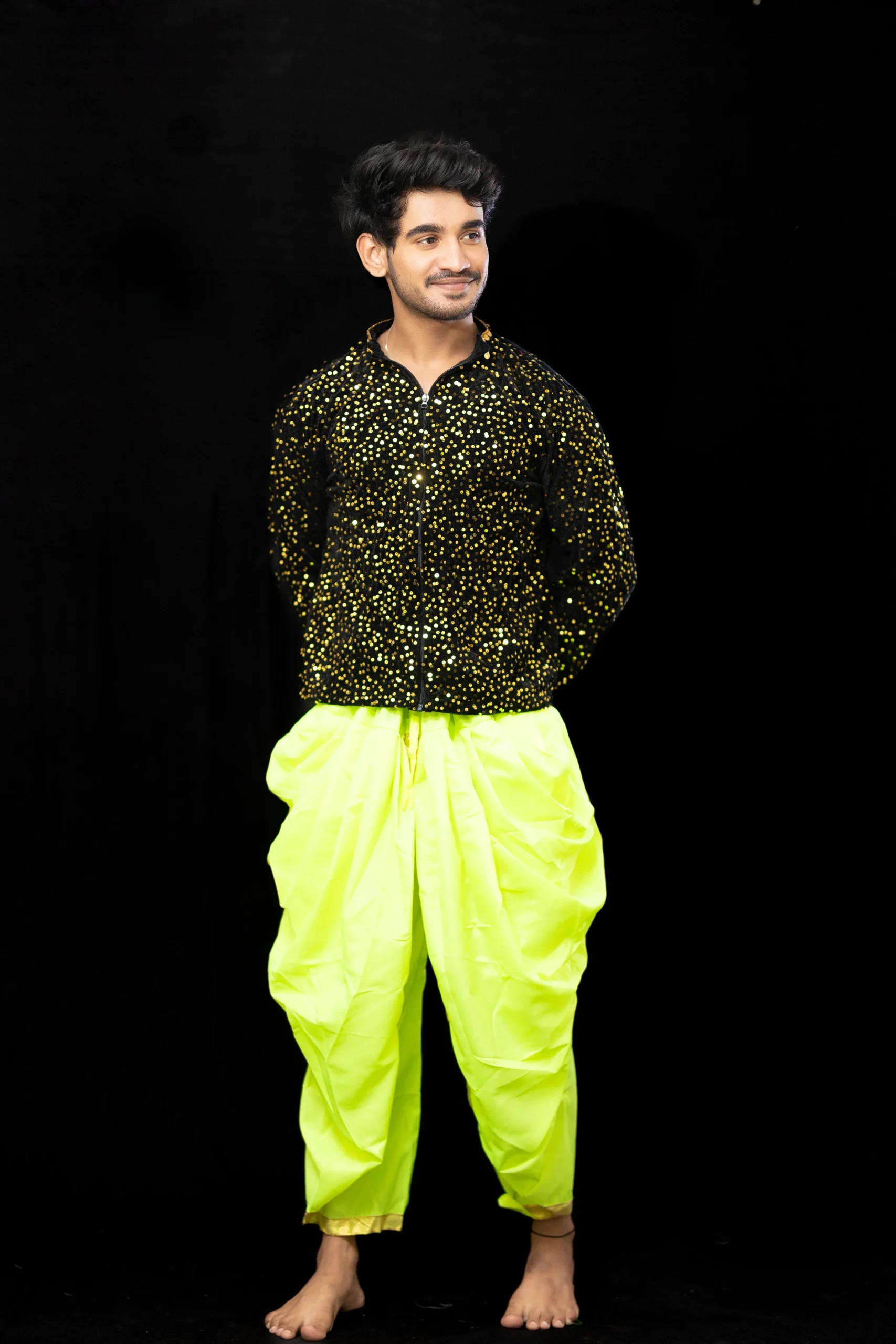 Men’s Black Sequin Jacket with Neon Green Dhoti – Dance Costume - Image 7