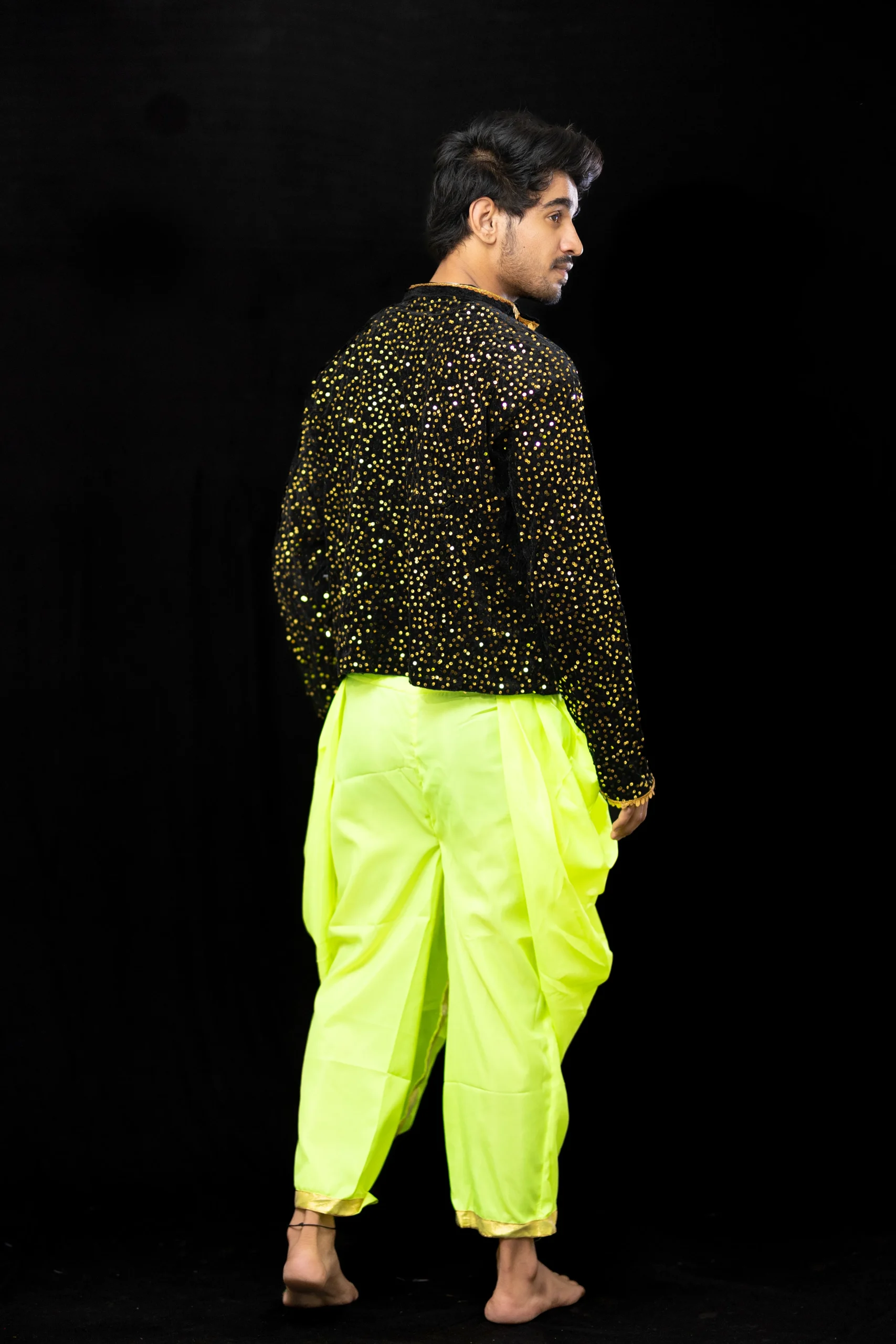 Men’s Black Sequin Jacket with Neon Green Dhoti – Dance Costume - Image 6