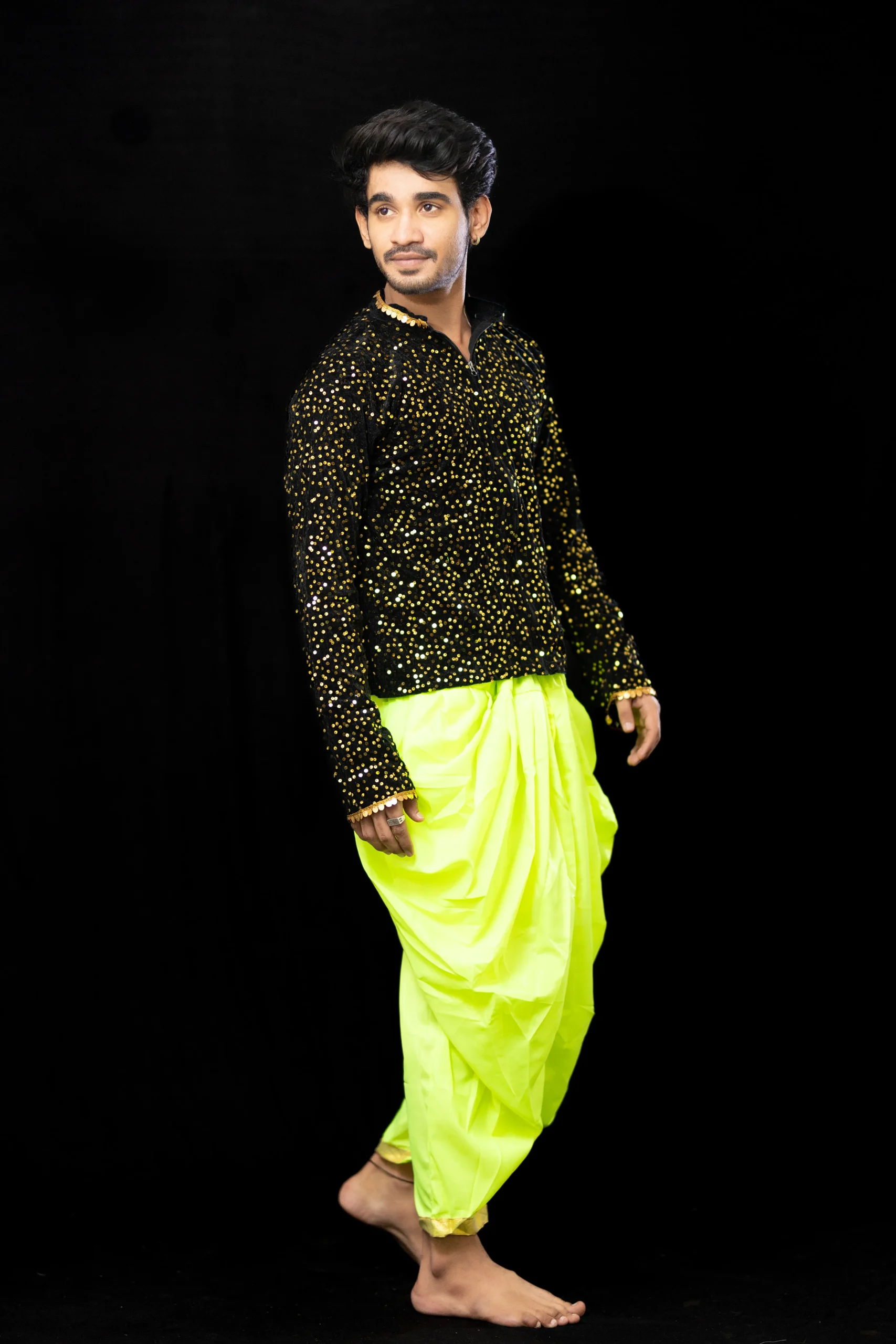 Men’s Black Sequin Jacket with Neon Green Dhoti – Dance Costume - Image 5