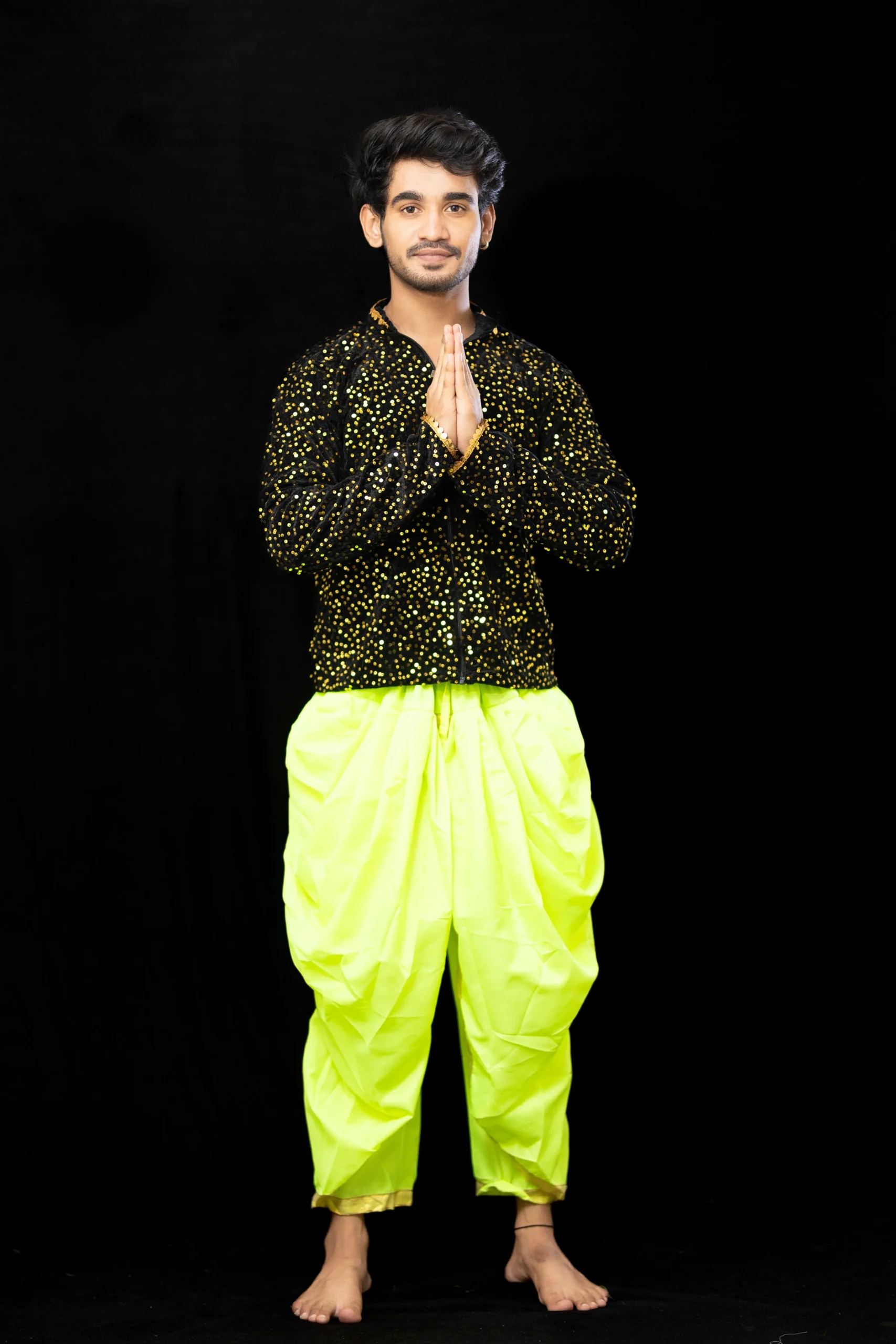 Men’s Black Sequin Jacket with Neon Green Dhoti – Dance Costume - Image 4