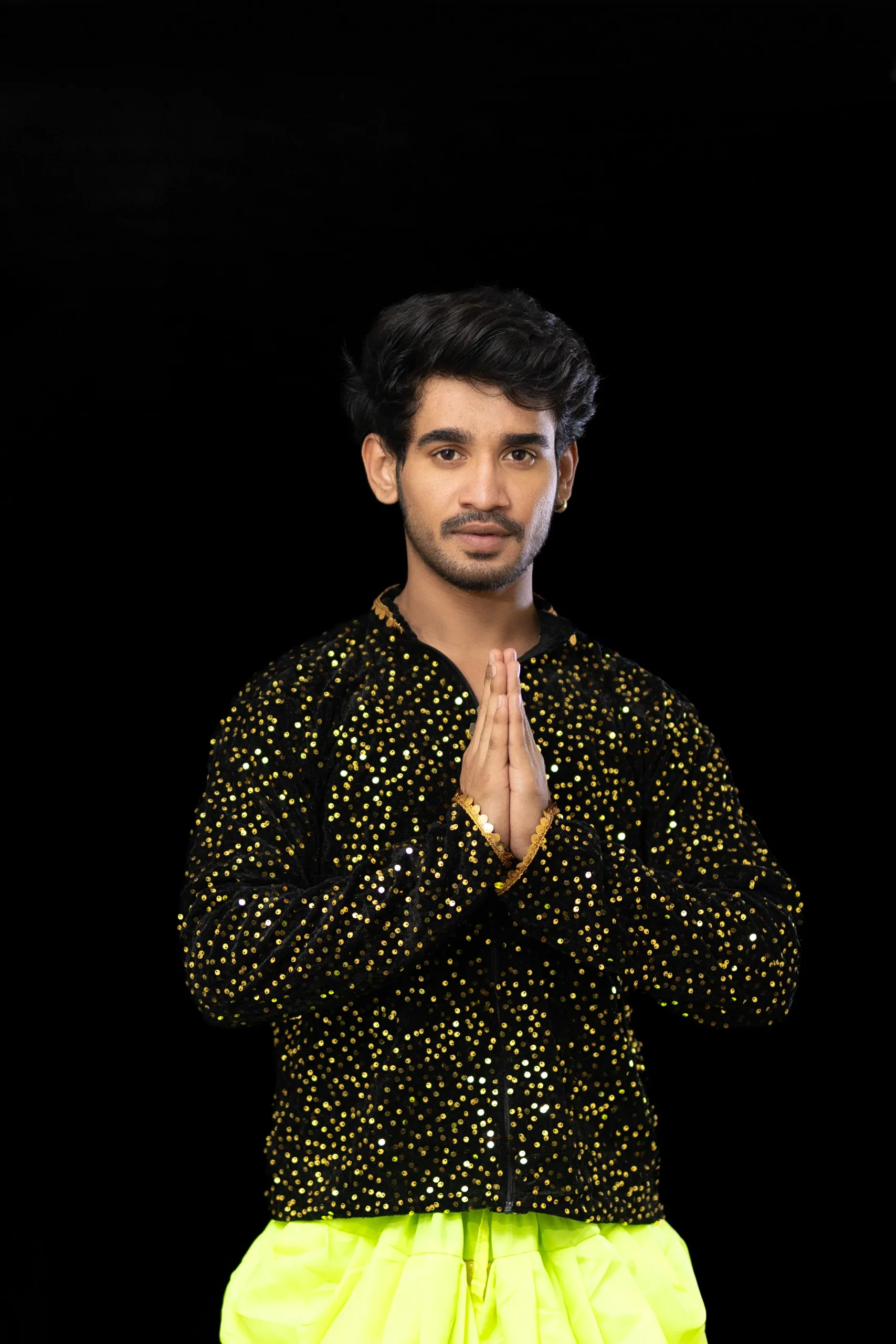 Men’s Black Sequin Jacket with Neon Green Dhoti – Dance Costume