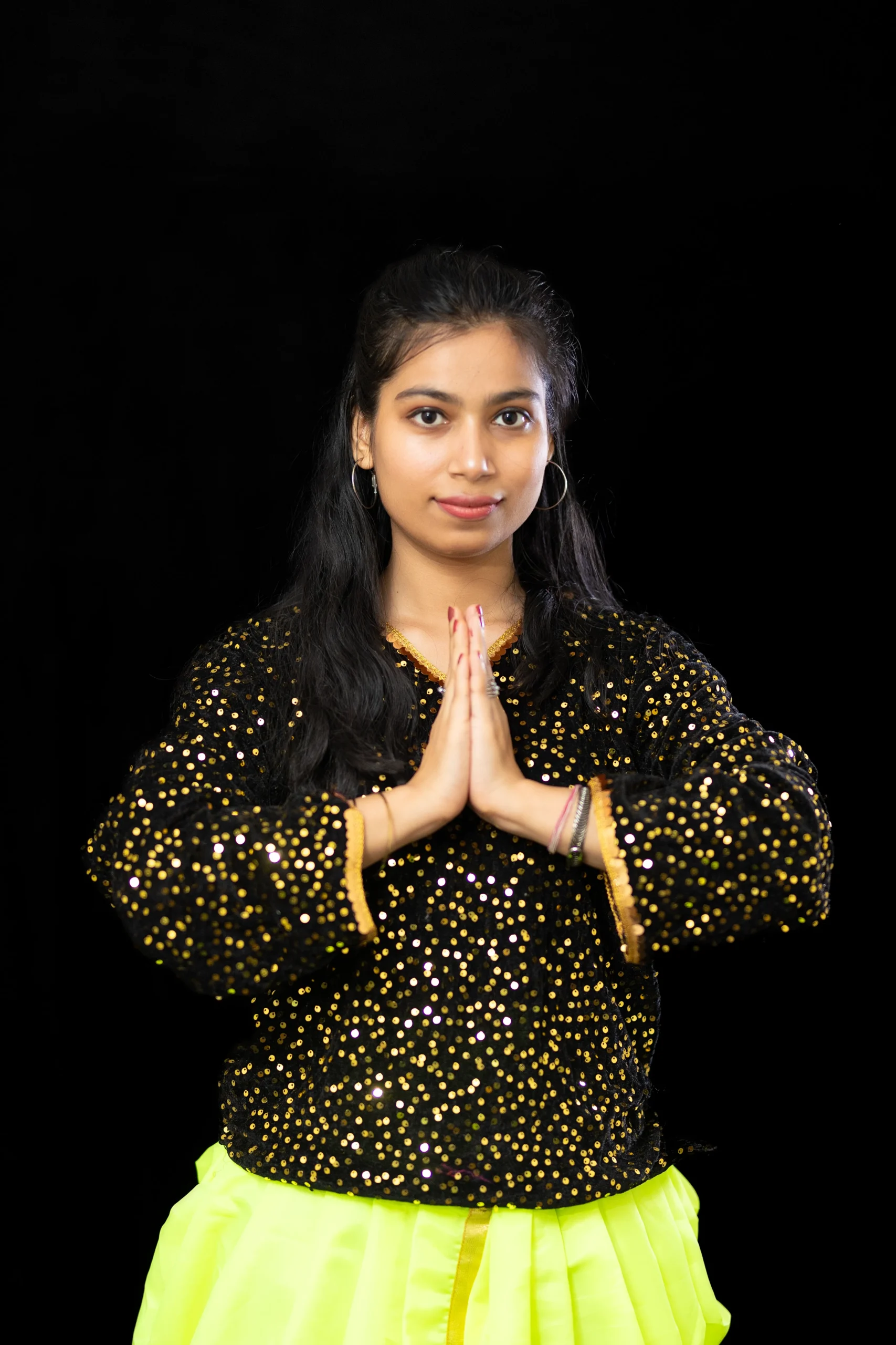 Black Sequin Top with Neon Green Dhoti – Dance Costume - Image 3