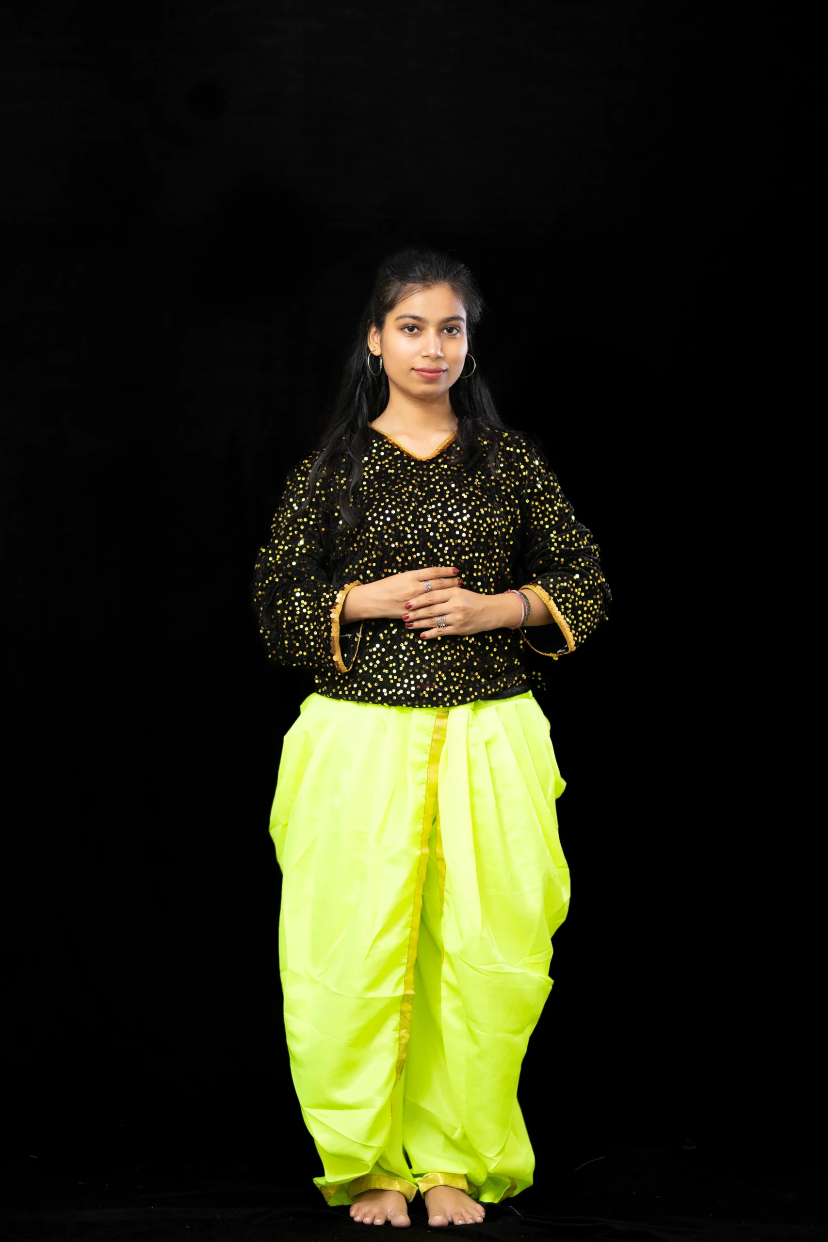 Black Sequin Top with Neon Green Dhoti – Dance Costume - Image 5