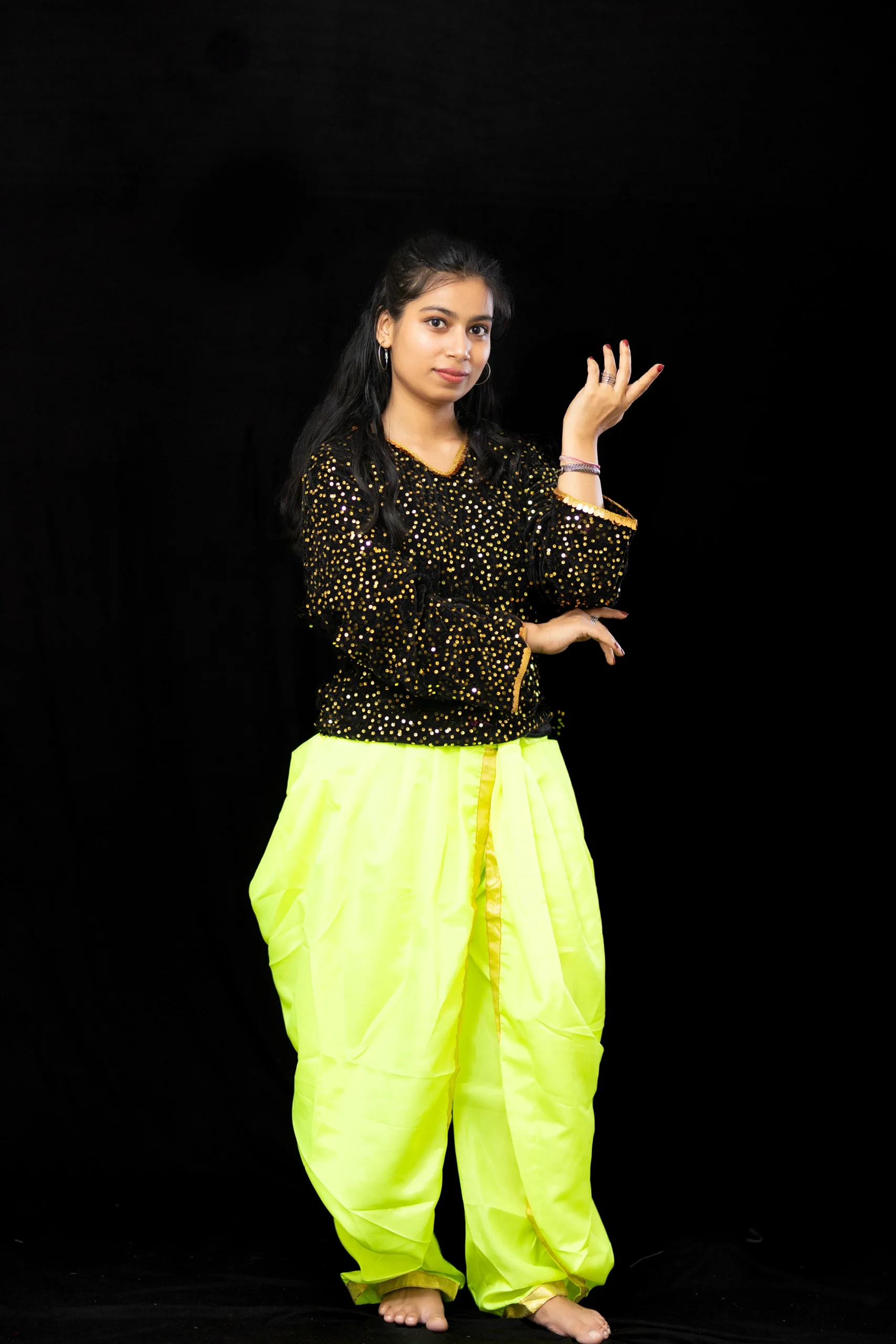 Black Sequin Top with Neon Green Dhoti – Dance Costume - Image 4