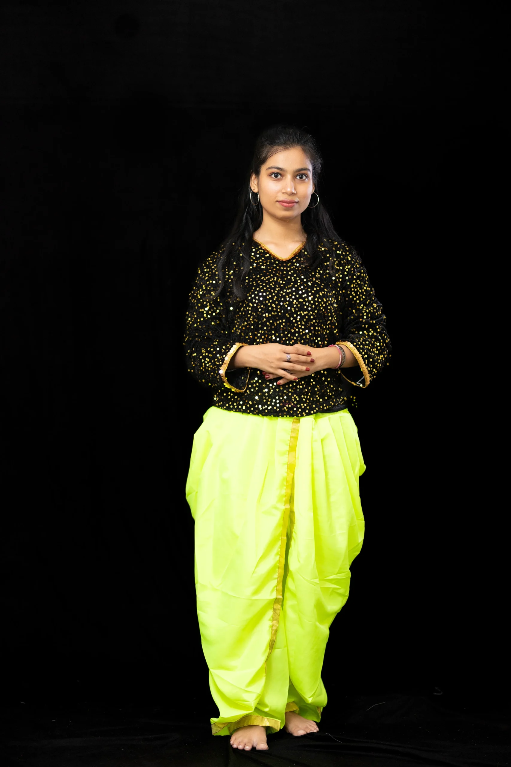 Black Sequin Top with Neon Green Dhoti – Dance Costume - Image 2