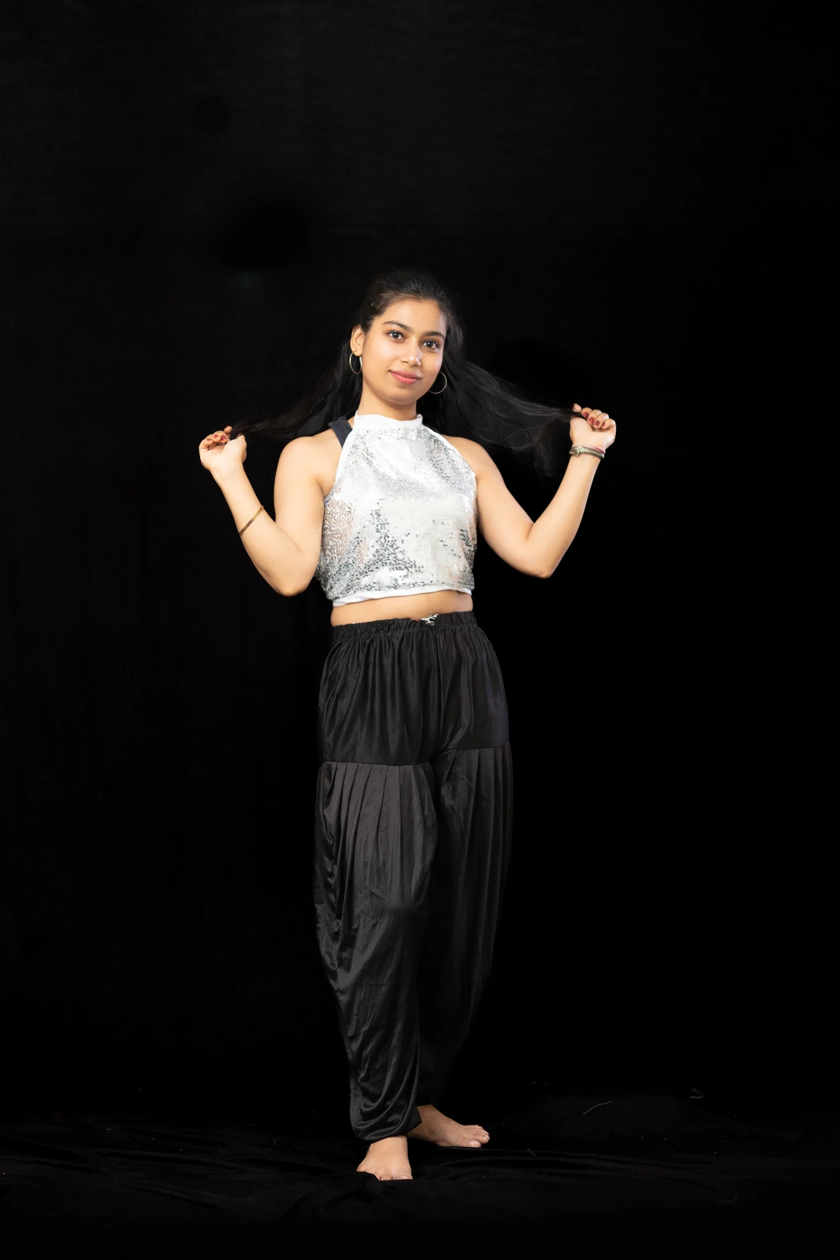 Silver Sequin Halter Top with Black Dhoti Pants – Women’s Dance Costume - Image 6