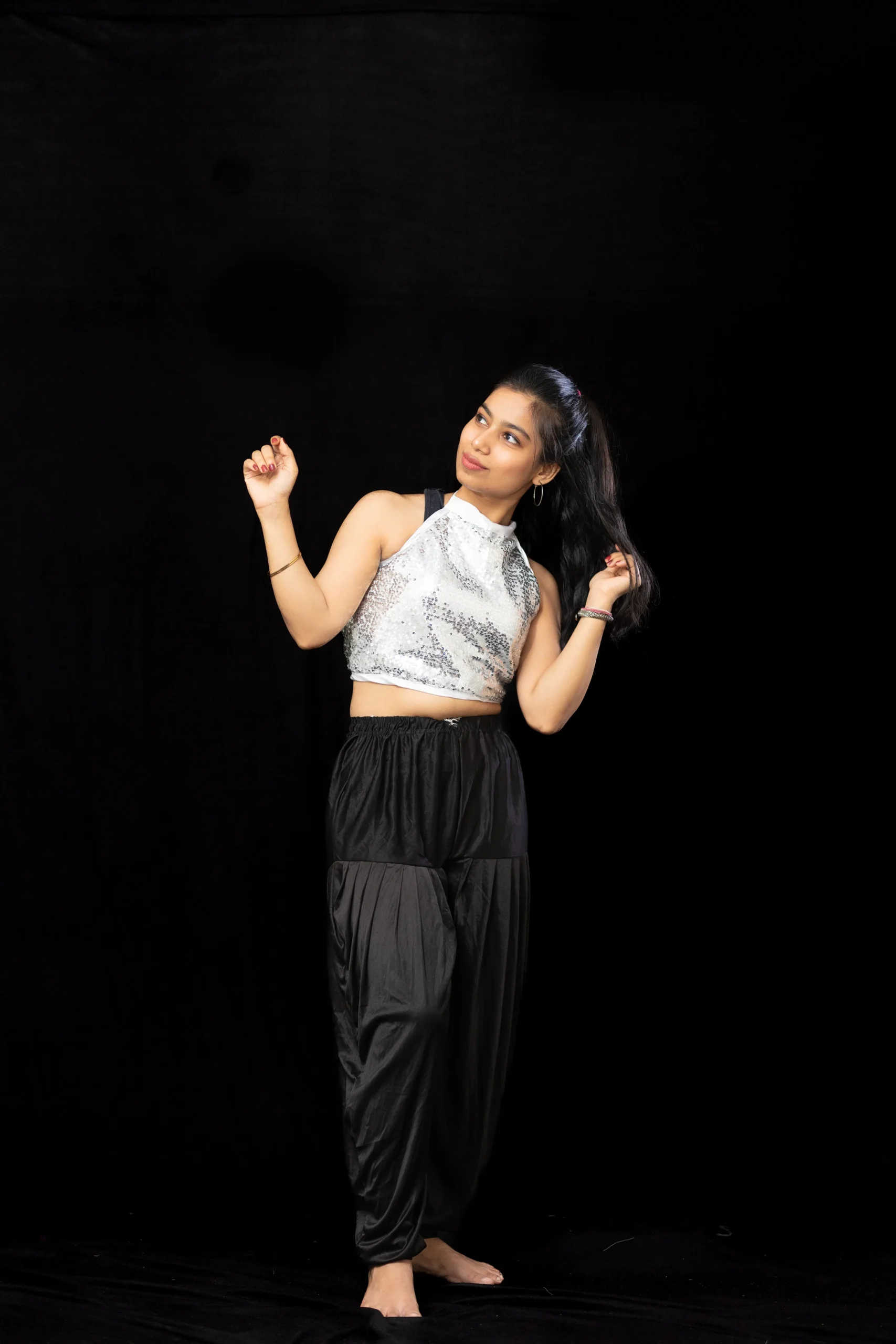 Silver Sequin Halter Top with Black Dhoti Pants – Women’s Dance Costume - Image 5