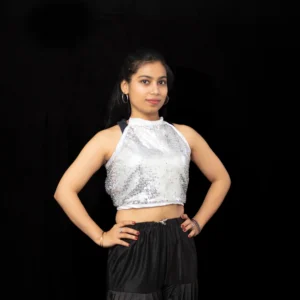 Silver Sequin Halter Top with Black Dhoti Pants – Women’s Dance Costume