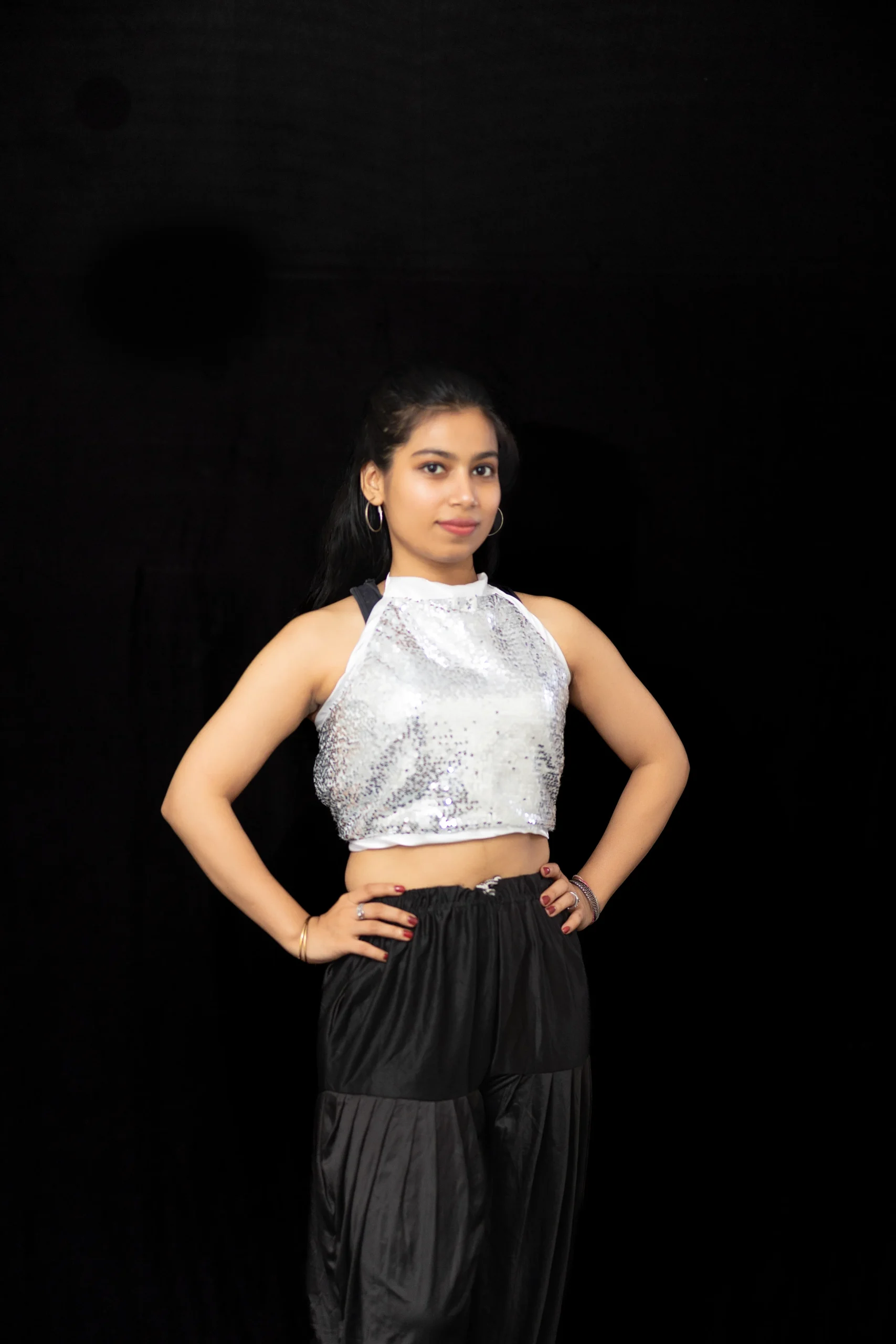 Silver Sequin Halter Top with Black Dhoti Pants – Women’s Dance Costume