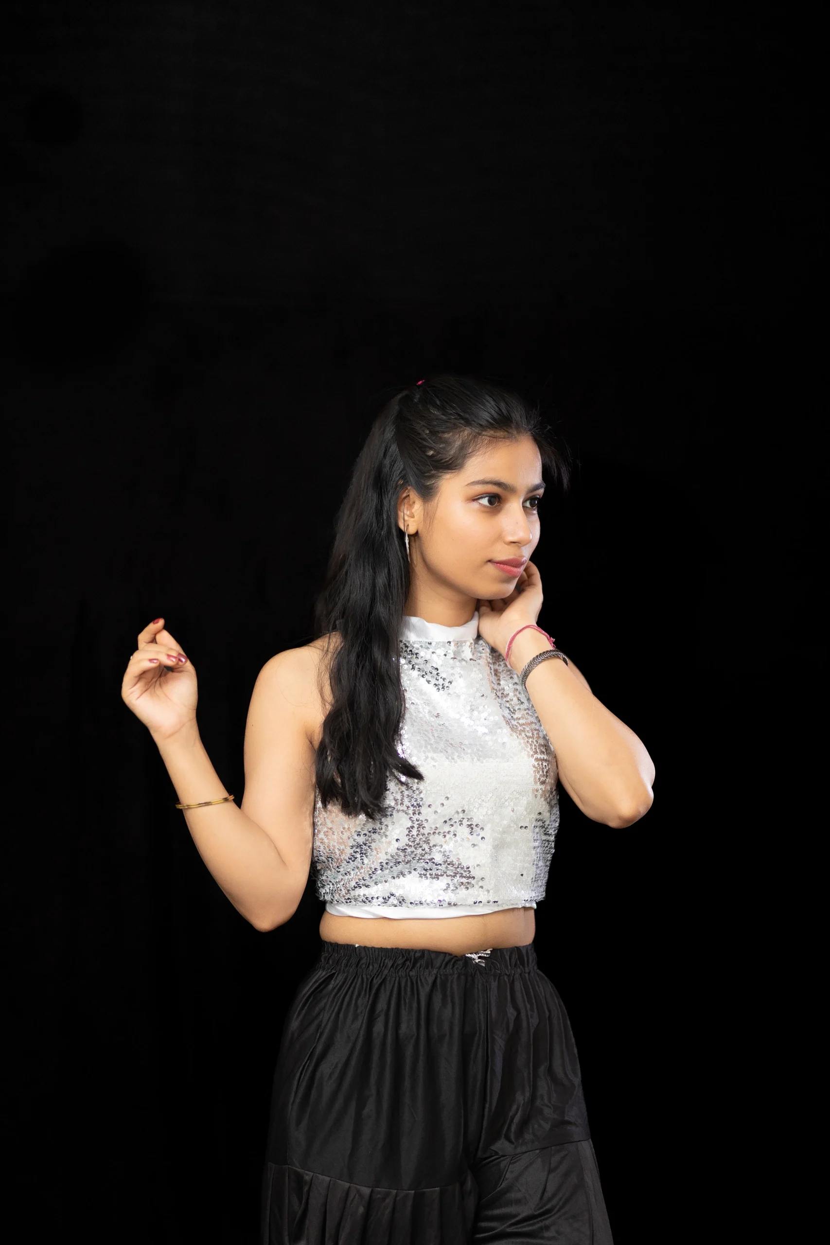 Silver Sequin Halter Top with Black Dhoti Pants – Women’s Dance Costume - Image 3