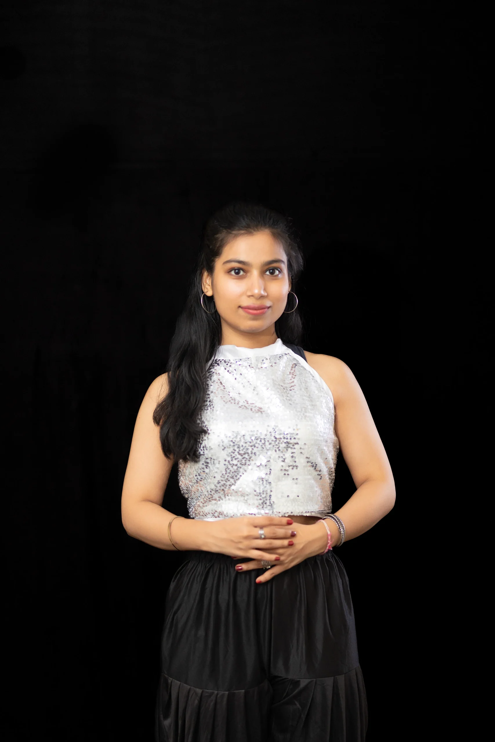 Silver Sequin Halter Top with Black Dhoti Pants – Women’s Dance Costume - Image 2