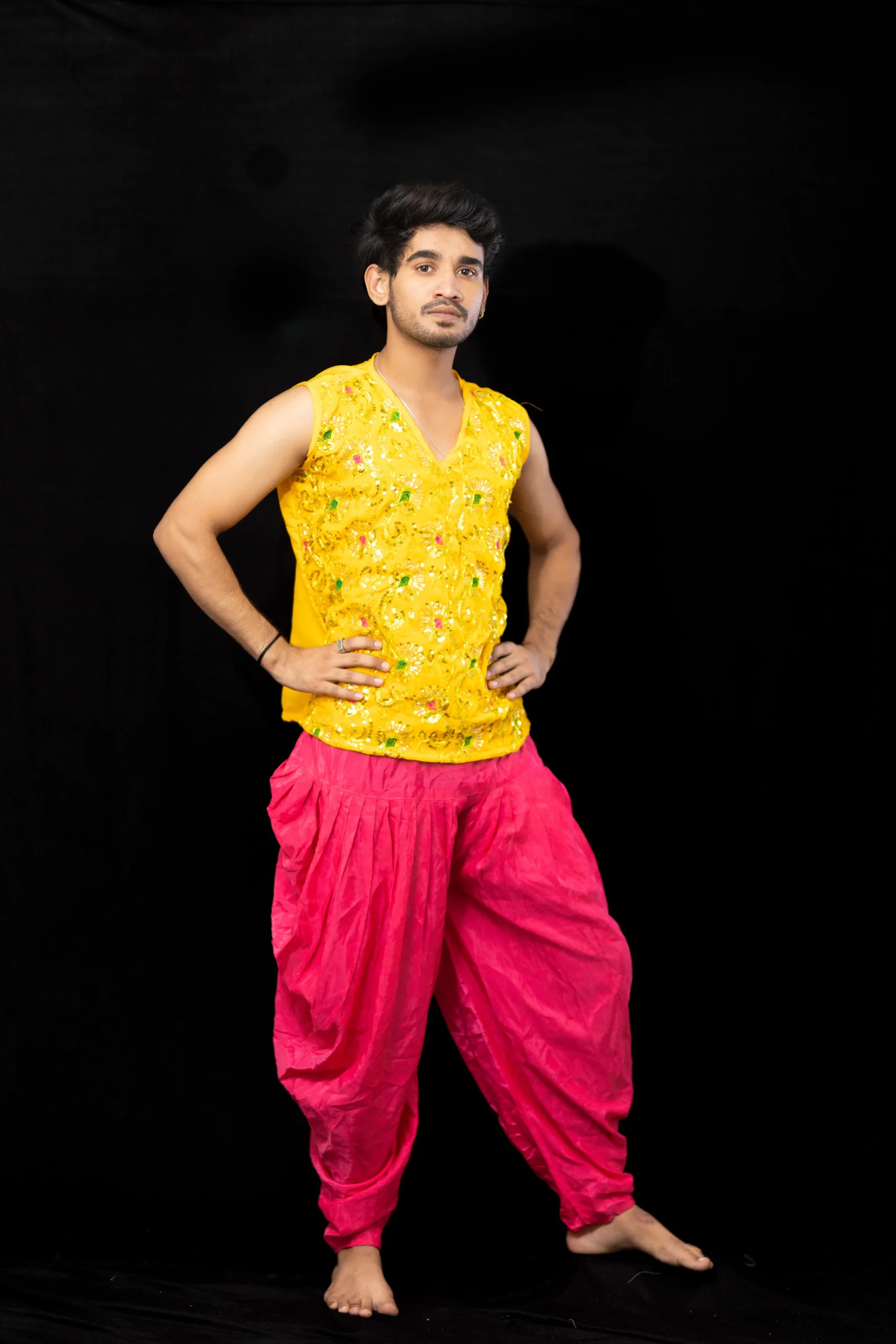 Yellow Sequin Kurta with Pink Dhoti – Men’s Dance Costume - Image 8