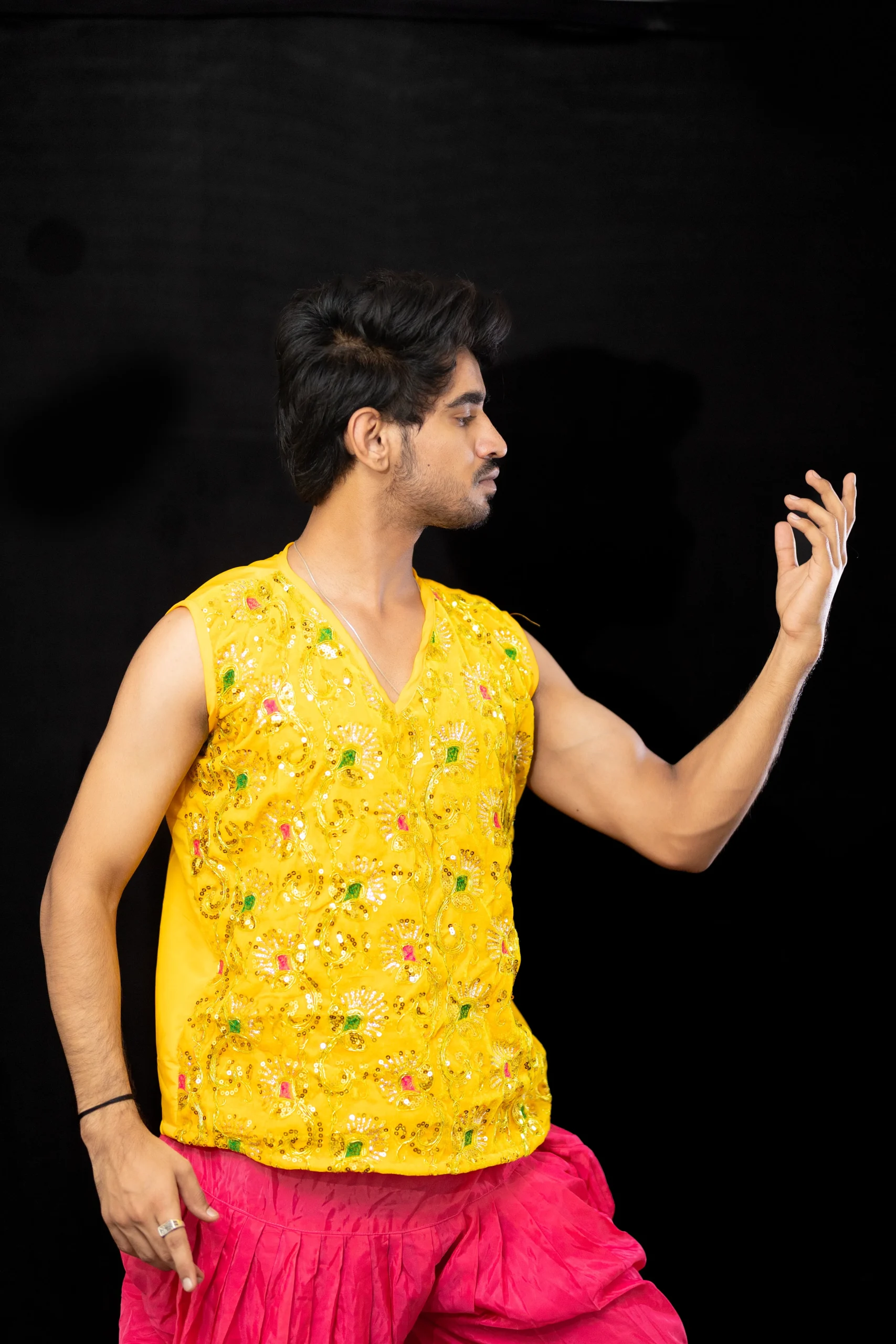 Yellow Sequin Kurta with Pink Dhoti – Men’s Dance Costume - Image 4