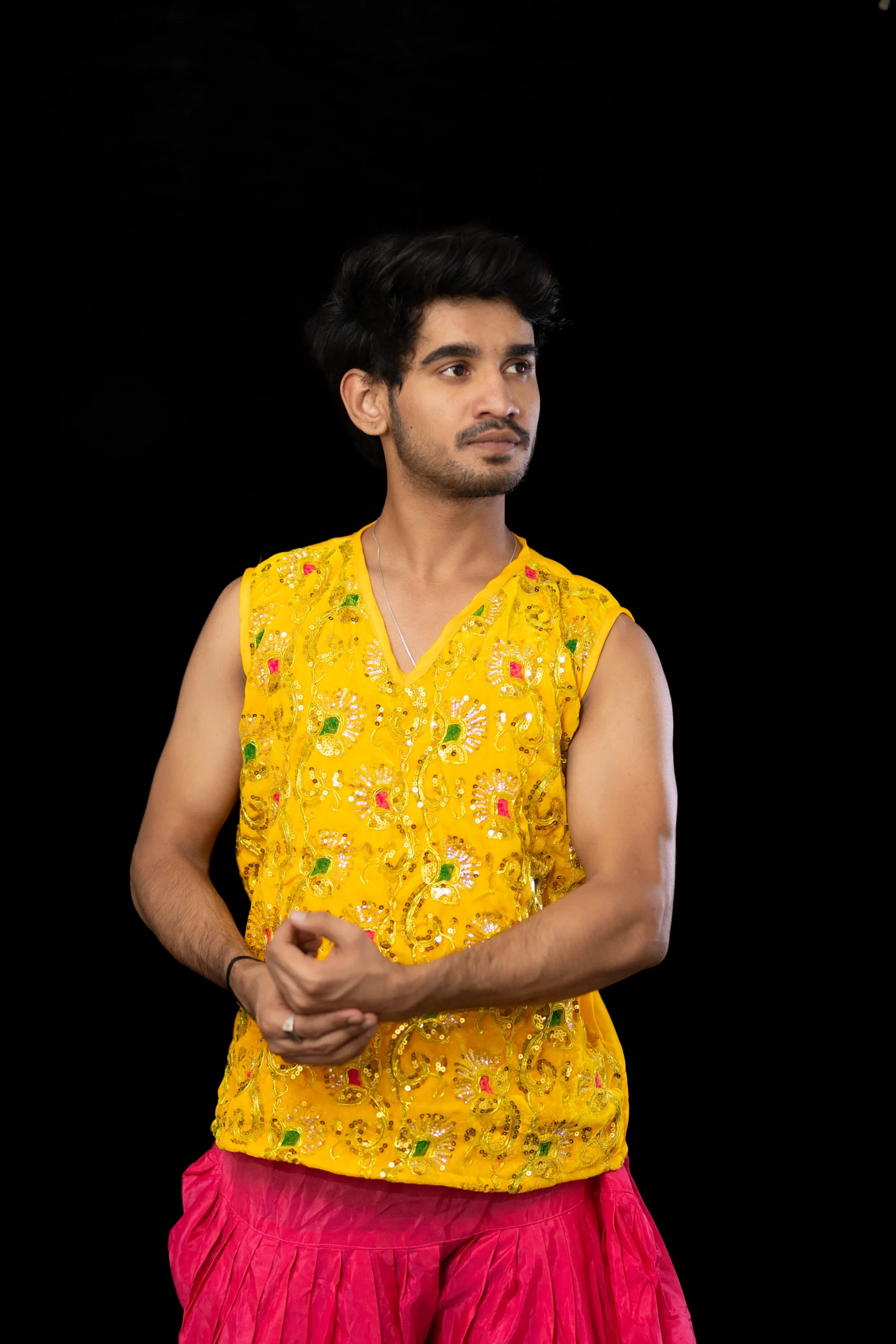 Yellow Sequin Kurta with Pink Dhoti – Men’s Dance Costume