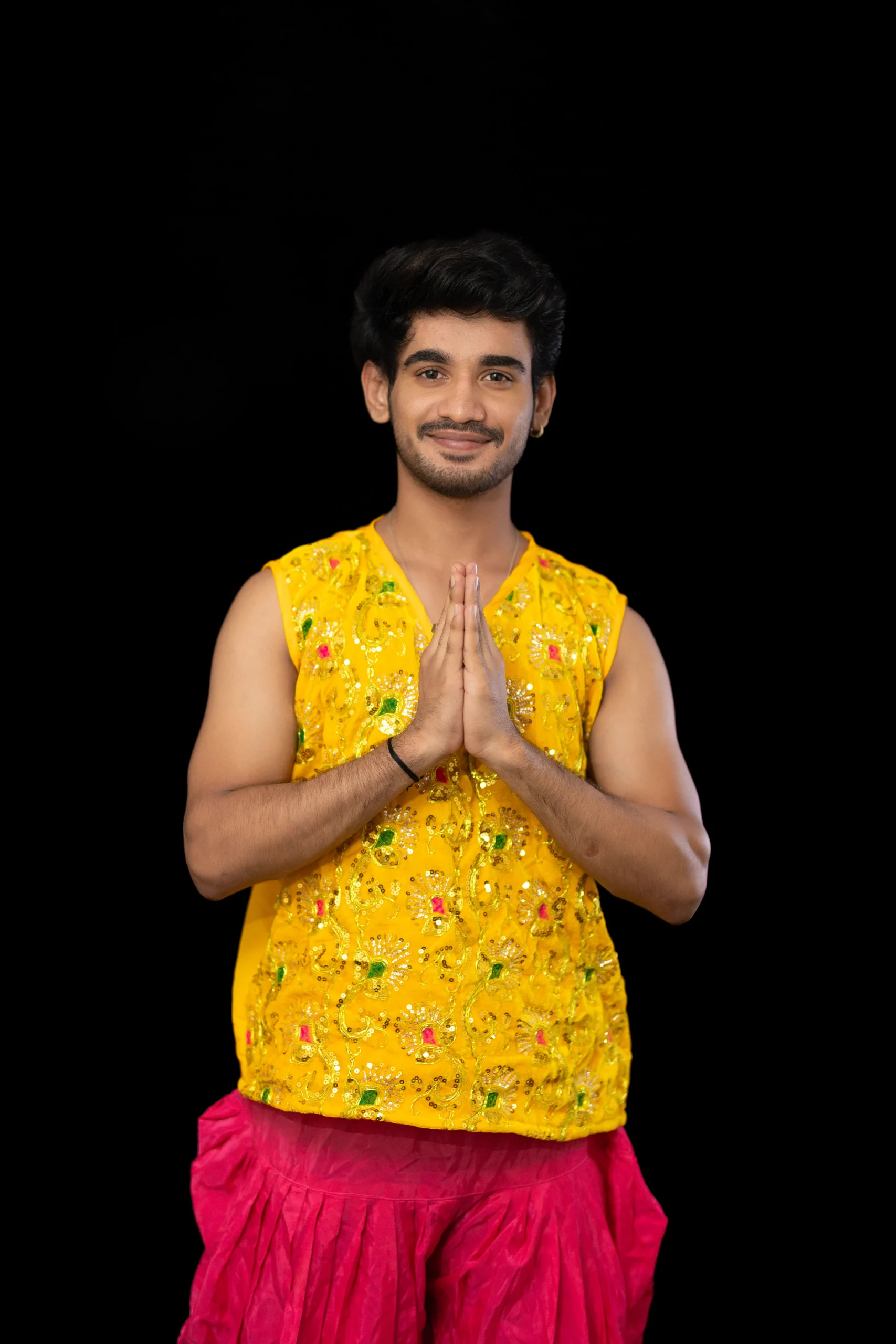 Yellow Sequin Kurta with Pink Dhoti – Men’s Dance Costume - Image 2