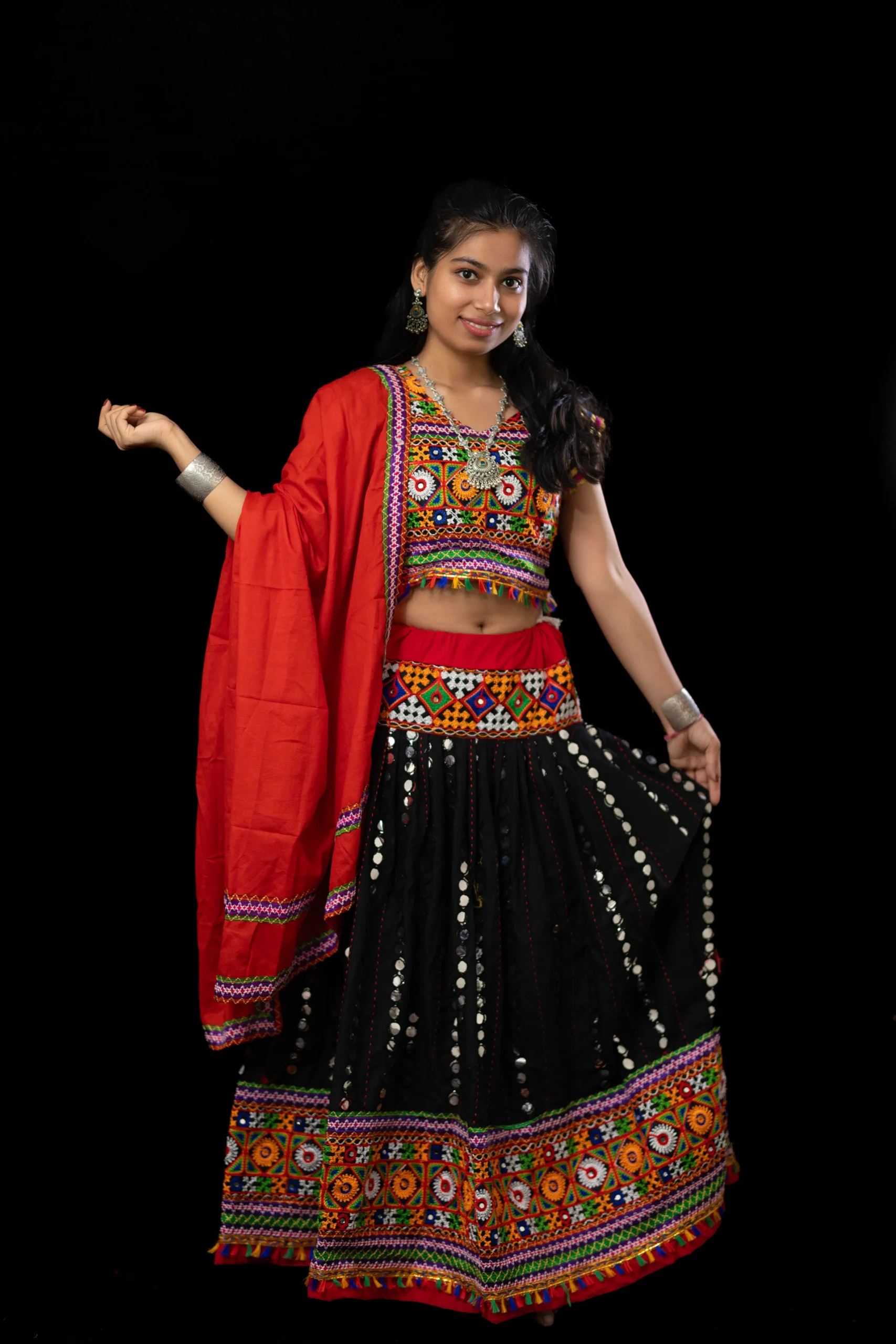 Black Mirror Work Ghagra Choli with Red Dupatta – Girls’ Garba Dance Costume - Image 6