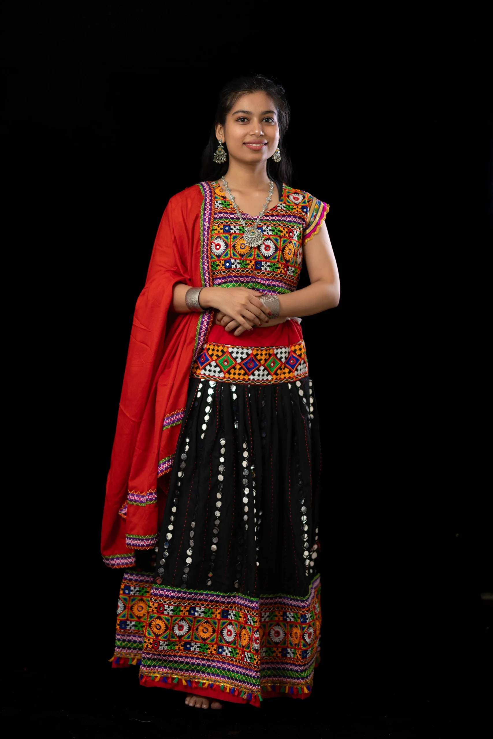 Black Mirror Work Ghagra Choli with Red Dupatta – Girls’ Garba Dance Costume - Image 5